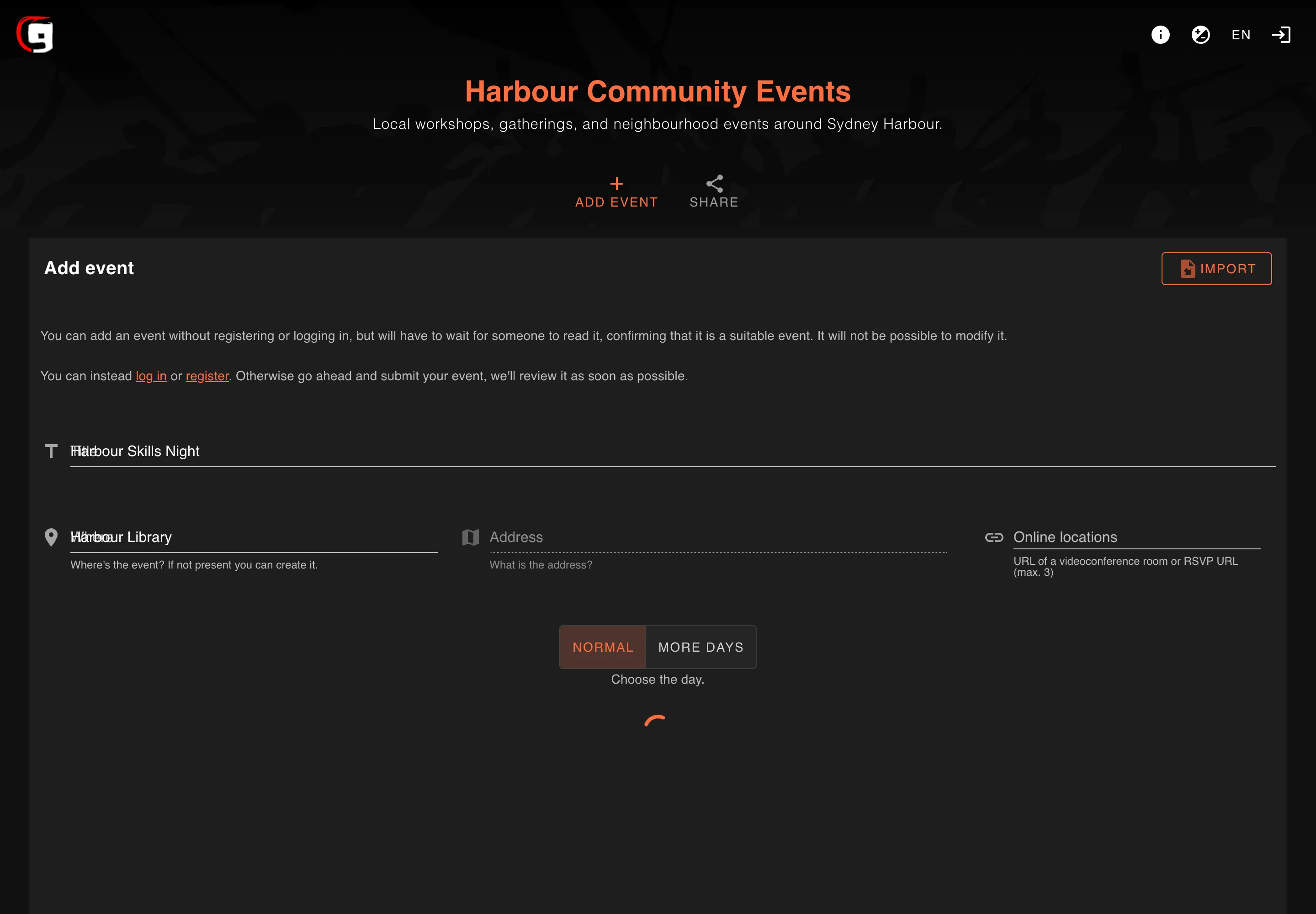 Prepare a local event with its venue and original flyer.