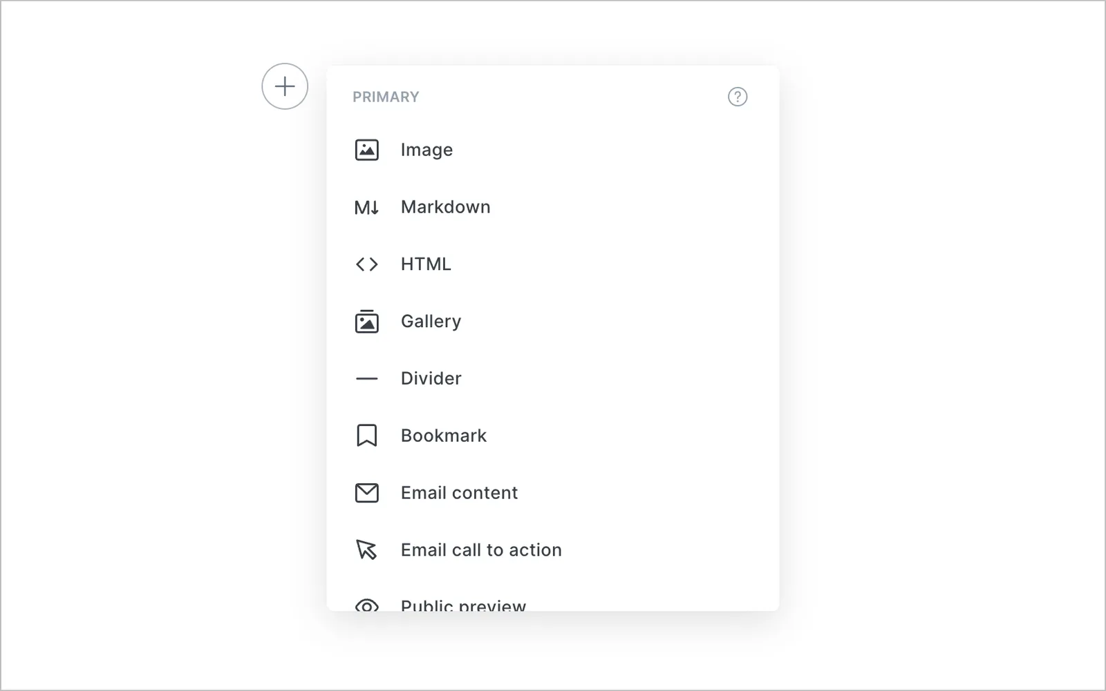 Editor: insert images, galleries, bookmarks and email content with dynamic cards