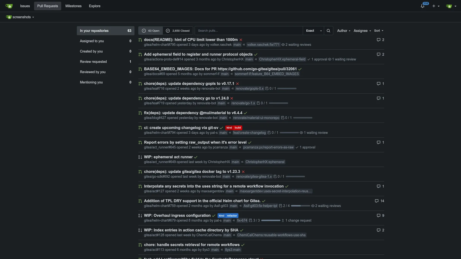 Pull request list with status and review state
