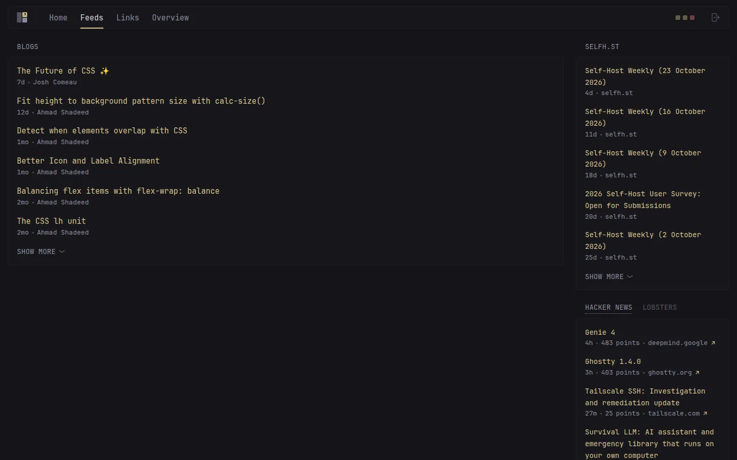 Feeds: blog posts and headlines on a dedicated reading page