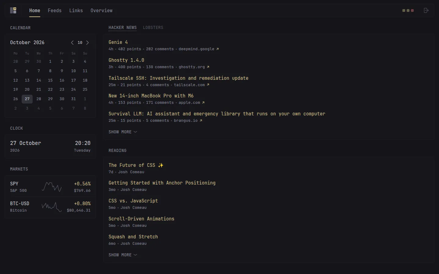 Home: calendar, community headlines, and RSS reading list with market tickers