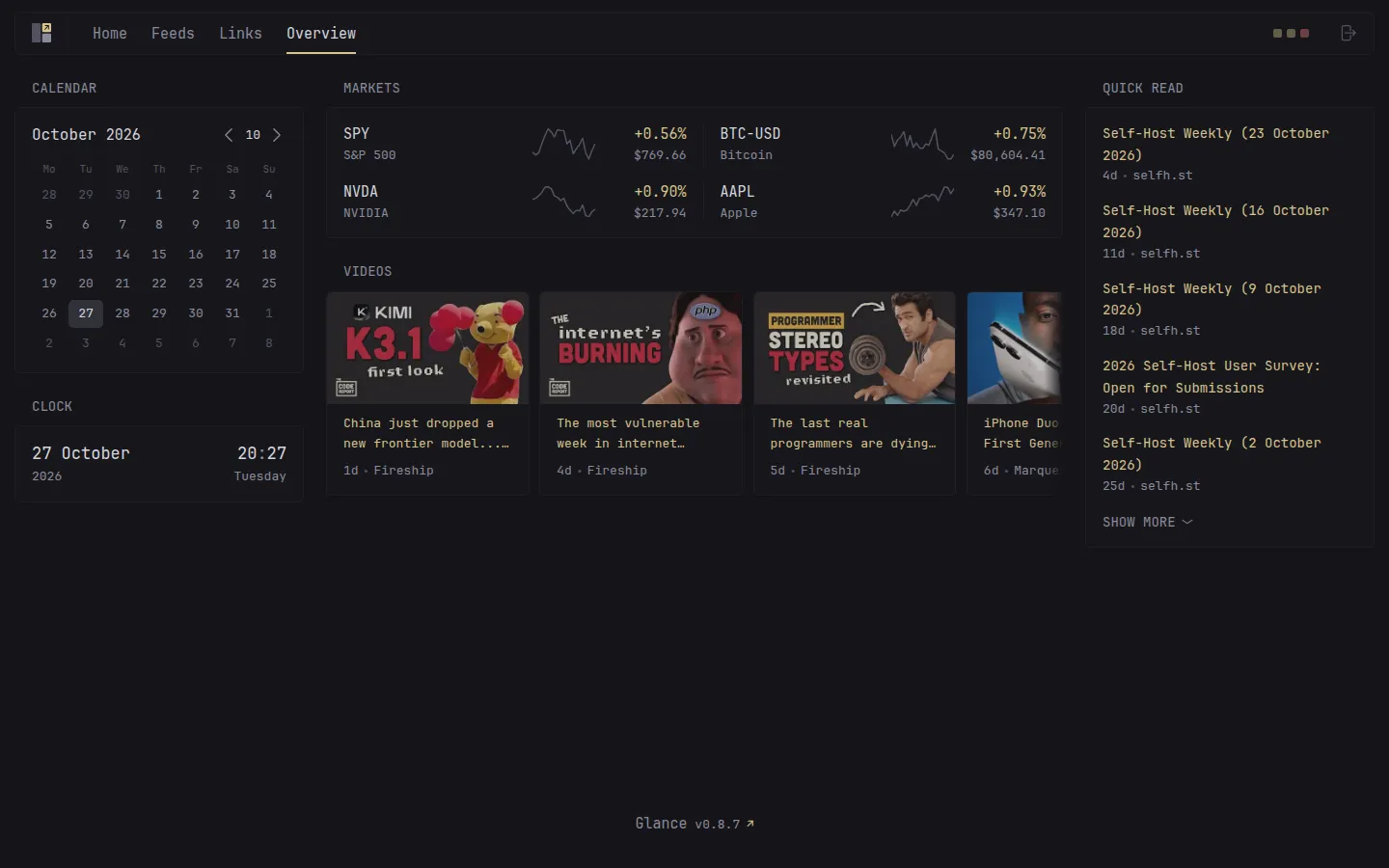 Overview: markets, video highlights, and a quick-read feed