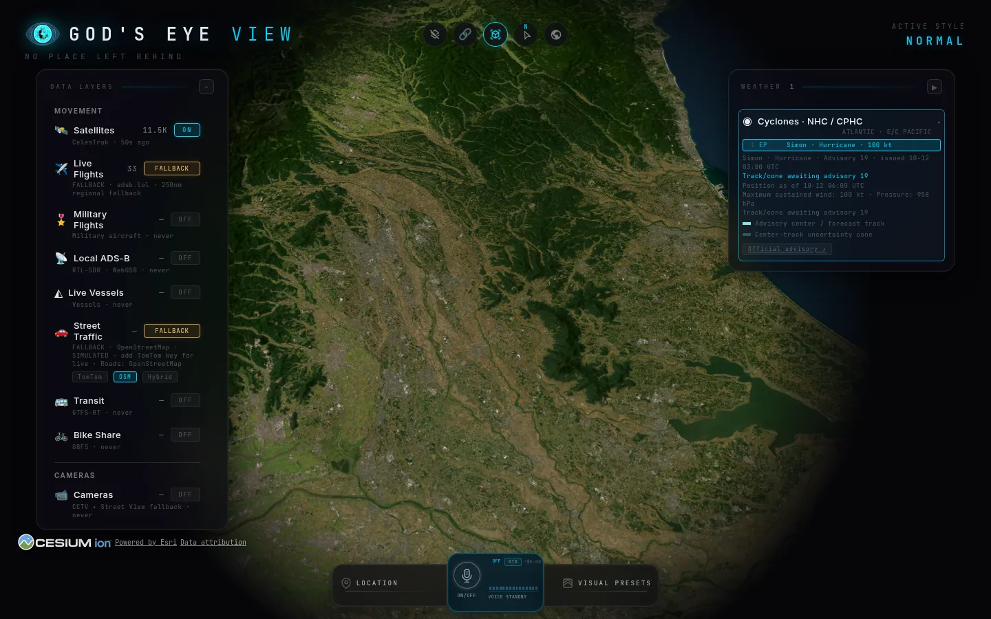 Layer controls for flights, space, weather, and environmental feeds