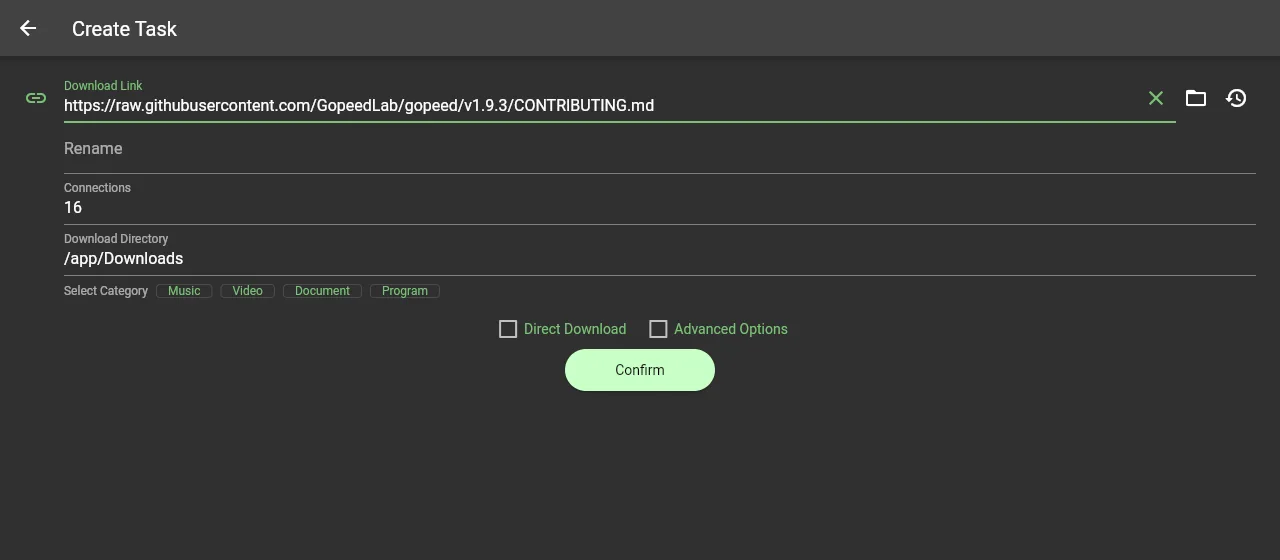 Add a download link and choose its destination and connection count.