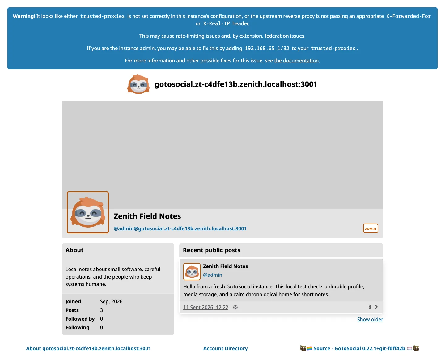 A public GoToSocial profile with a locally published post