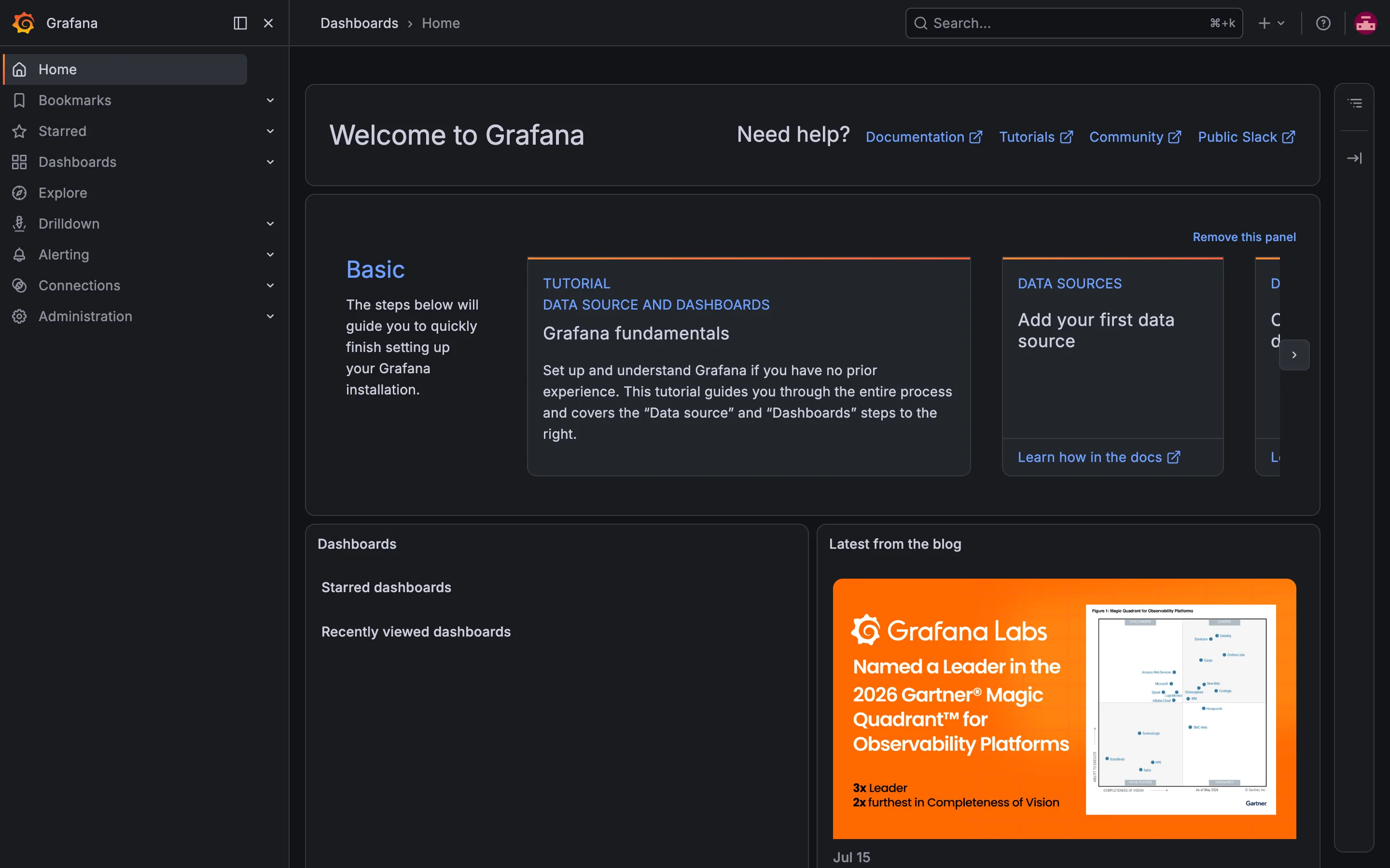 The Grafana home screen after signing in