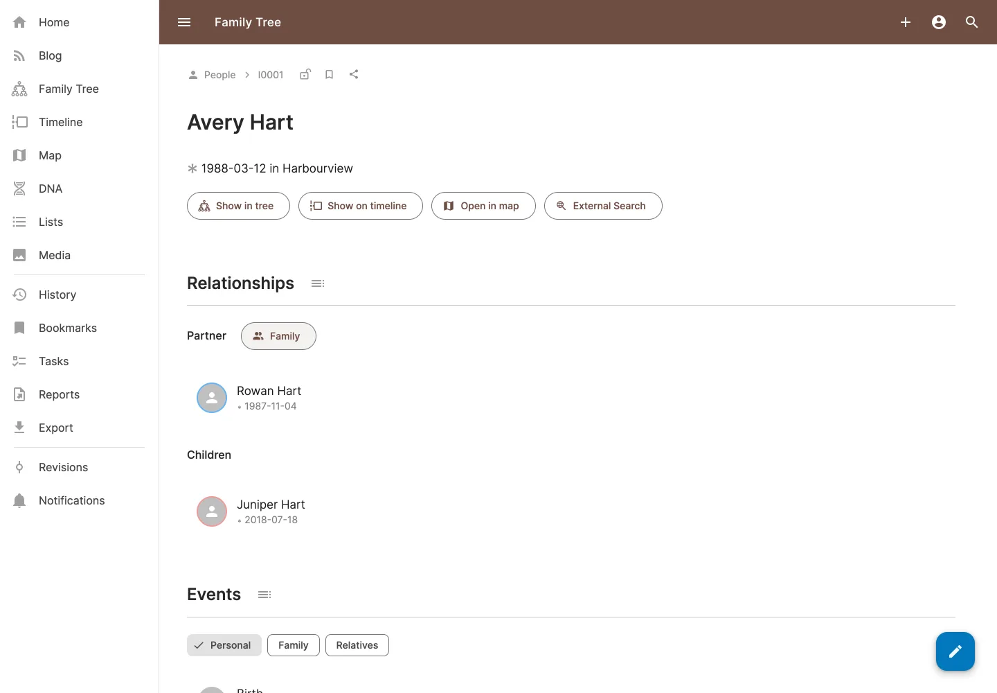 Record a person's events, relatives, sources, notes, and media in one profile