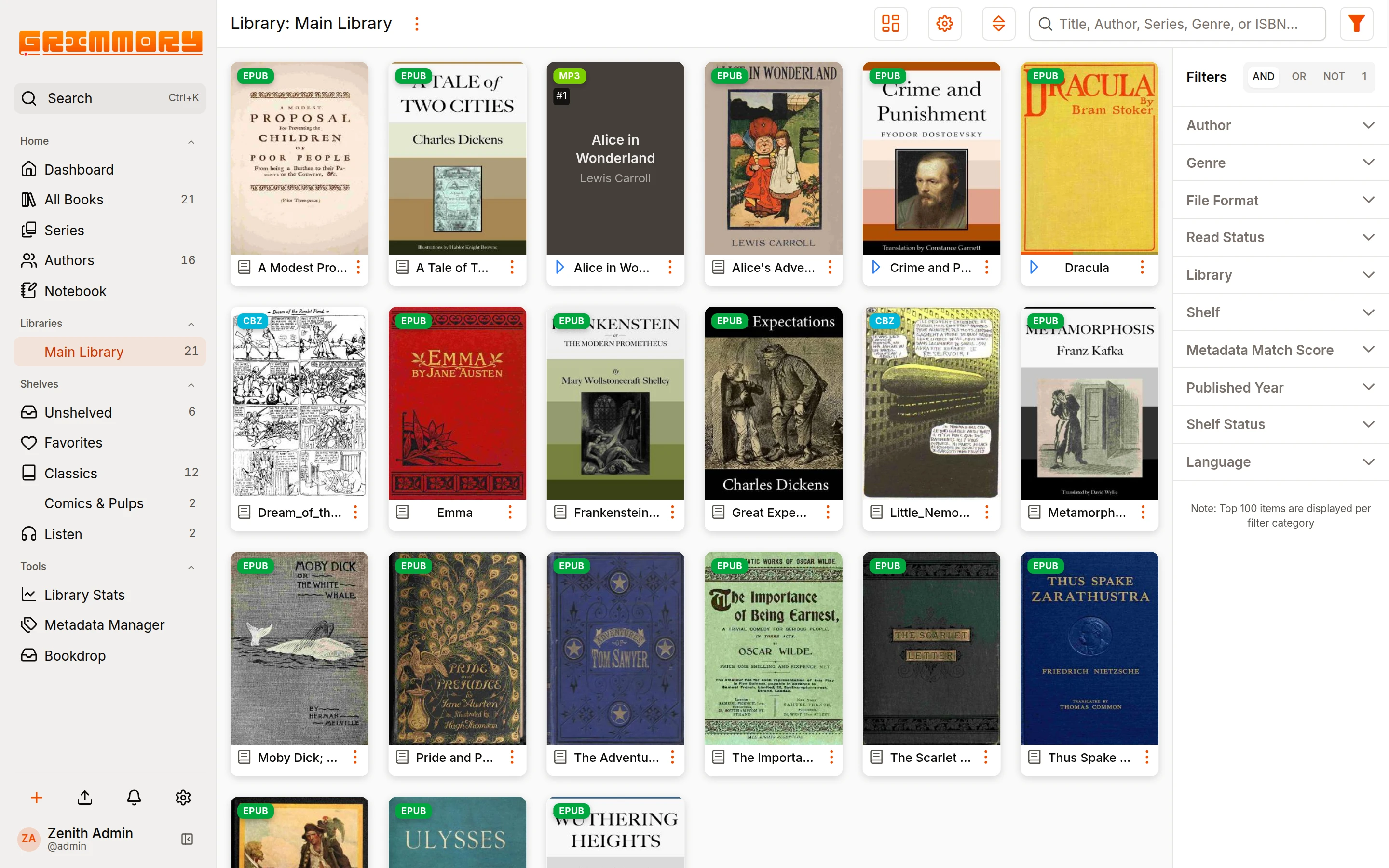 Smart shelves, continue reading, and a full library grid for ebooks, comics, and audiobooks