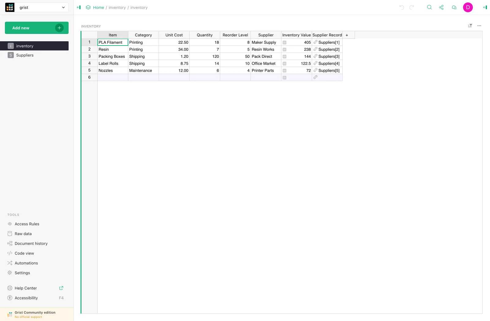 Organize operational records in typed, linked spreadsheet tables.