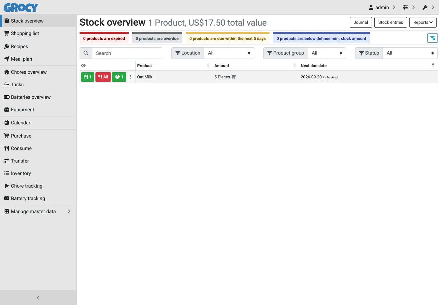 Review current pantry stock, quantities, values, and upcoming expiry dates.