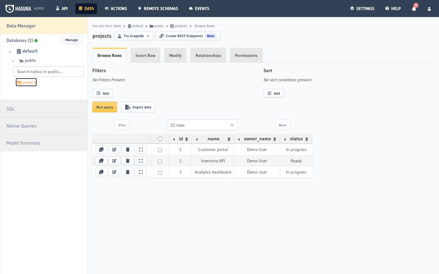 Browse PostgreSQL tables and their rows in the console.