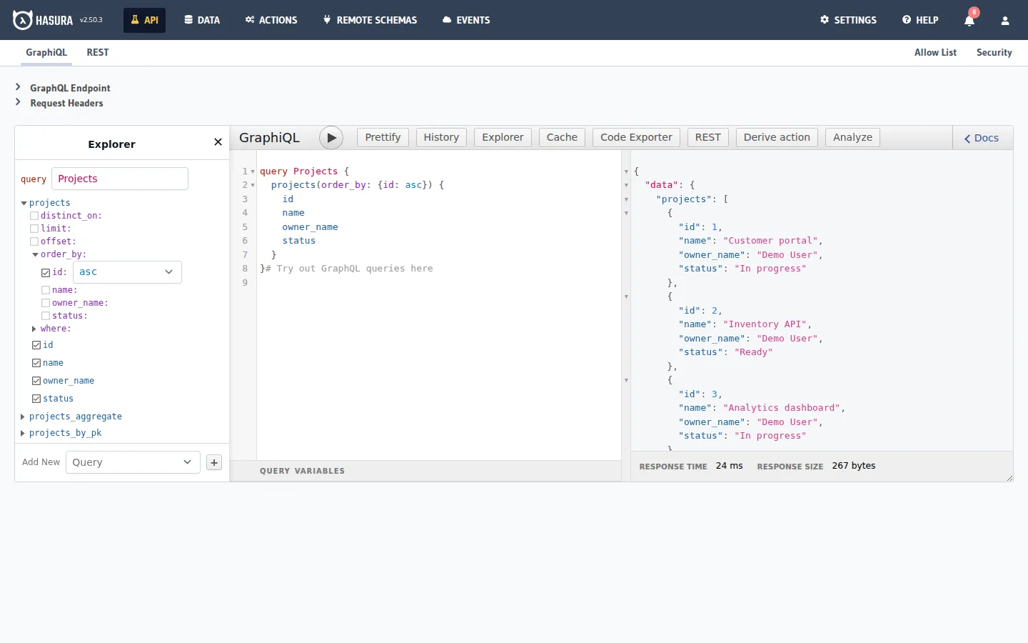 Query project records through a generated GraphQL API.
