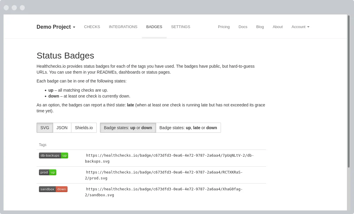 Embeddable live status badges for every check and project