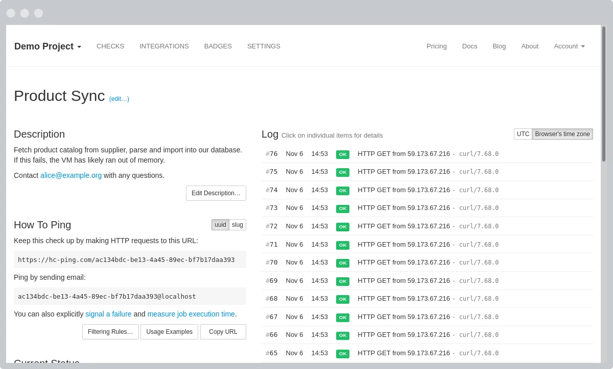 A single check with its ping log, schedule and grace period
