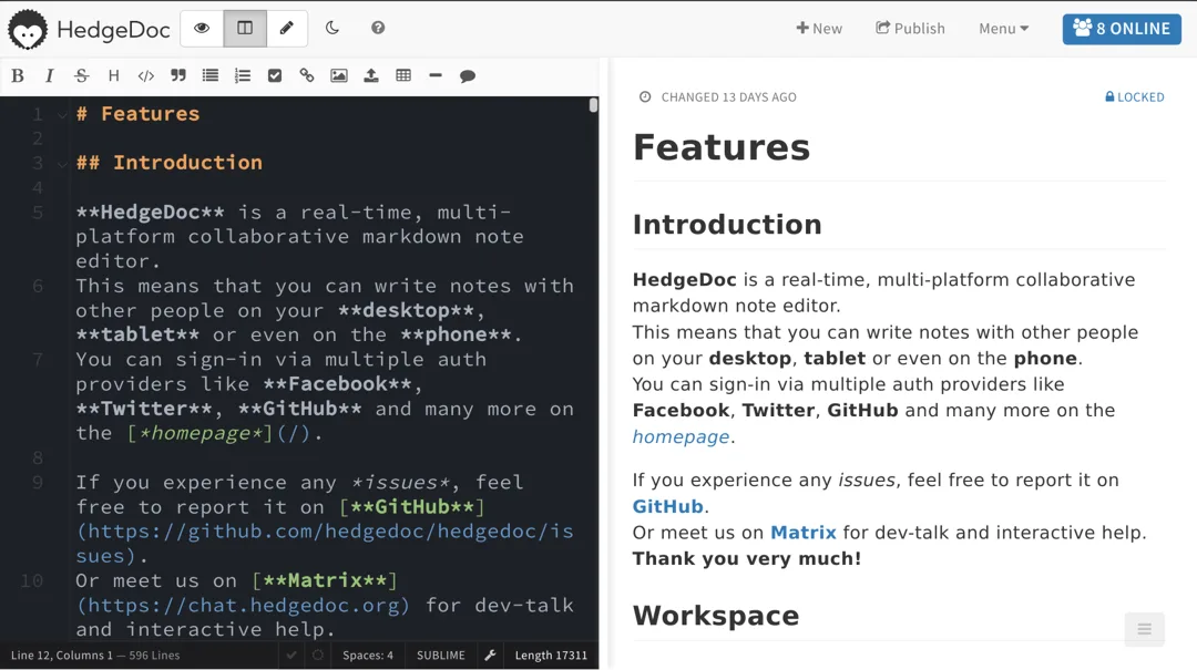 Split-view markdown editor with live rendered preview