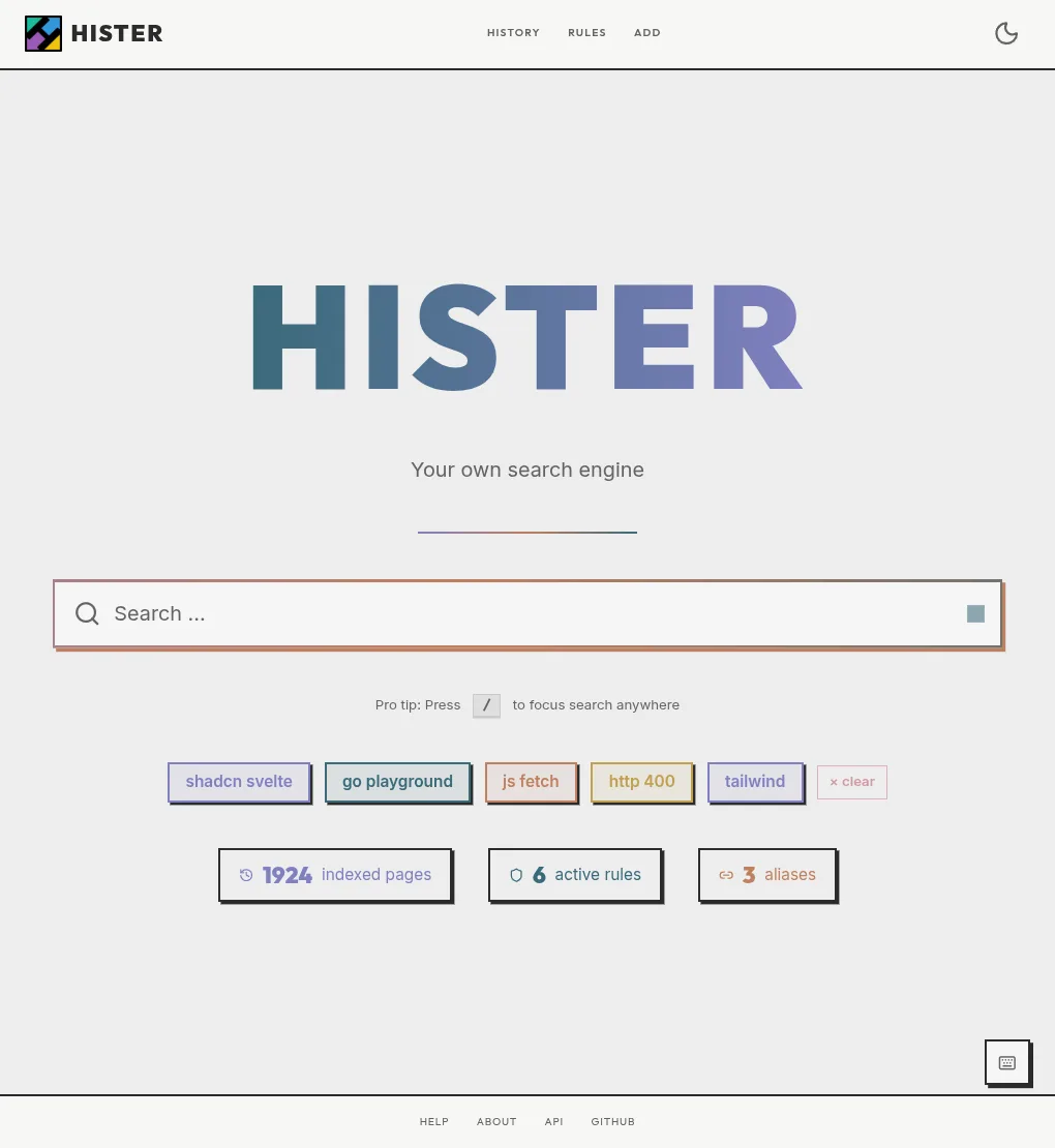 Search home with recent queries and index statistics (upstream screenshot)