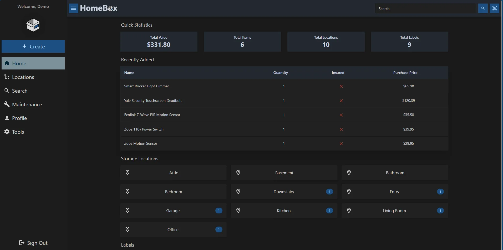 Home dashboard: totals, recent items, and quick access to every location