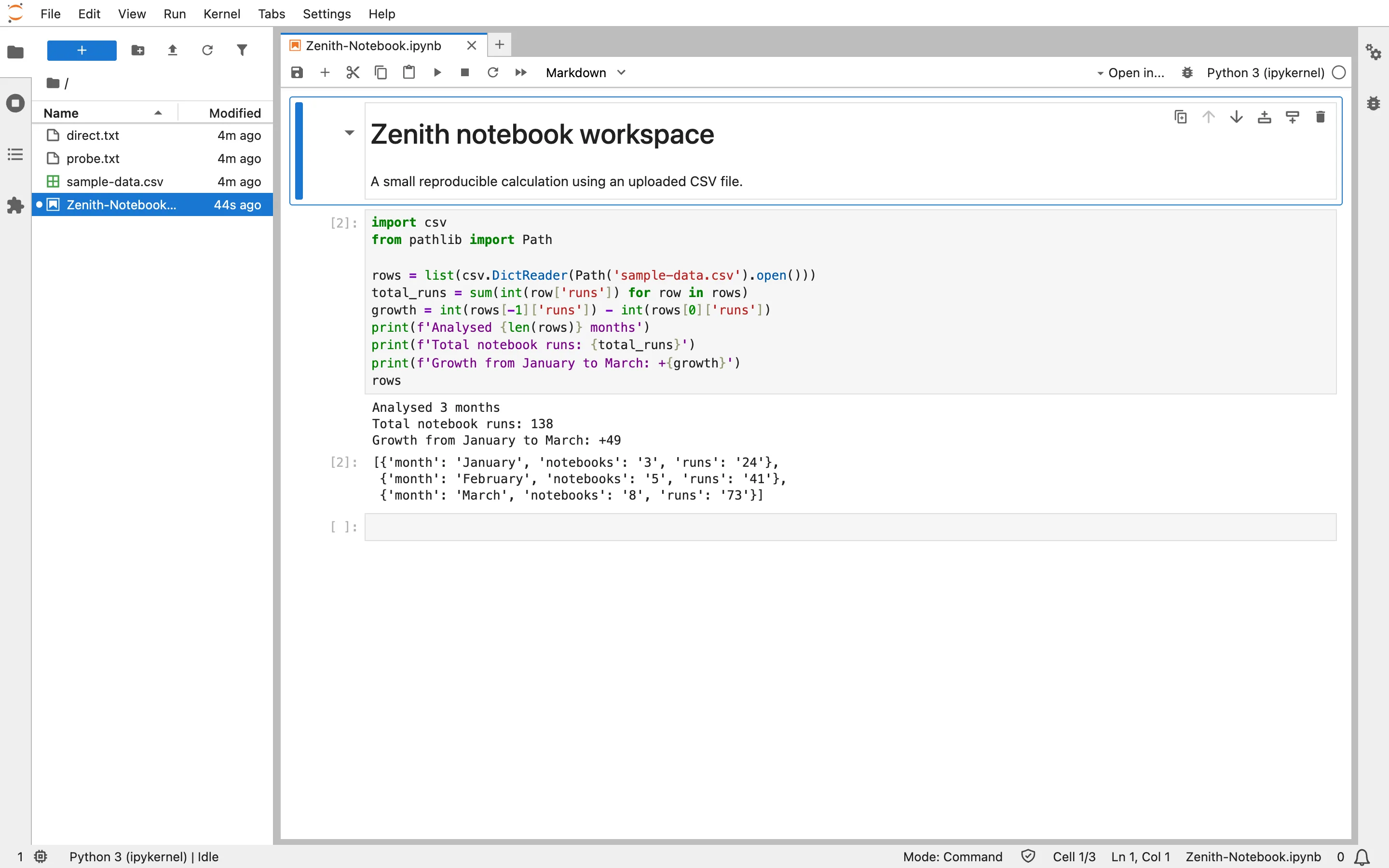 A Python notebook with saved code, output, and project files