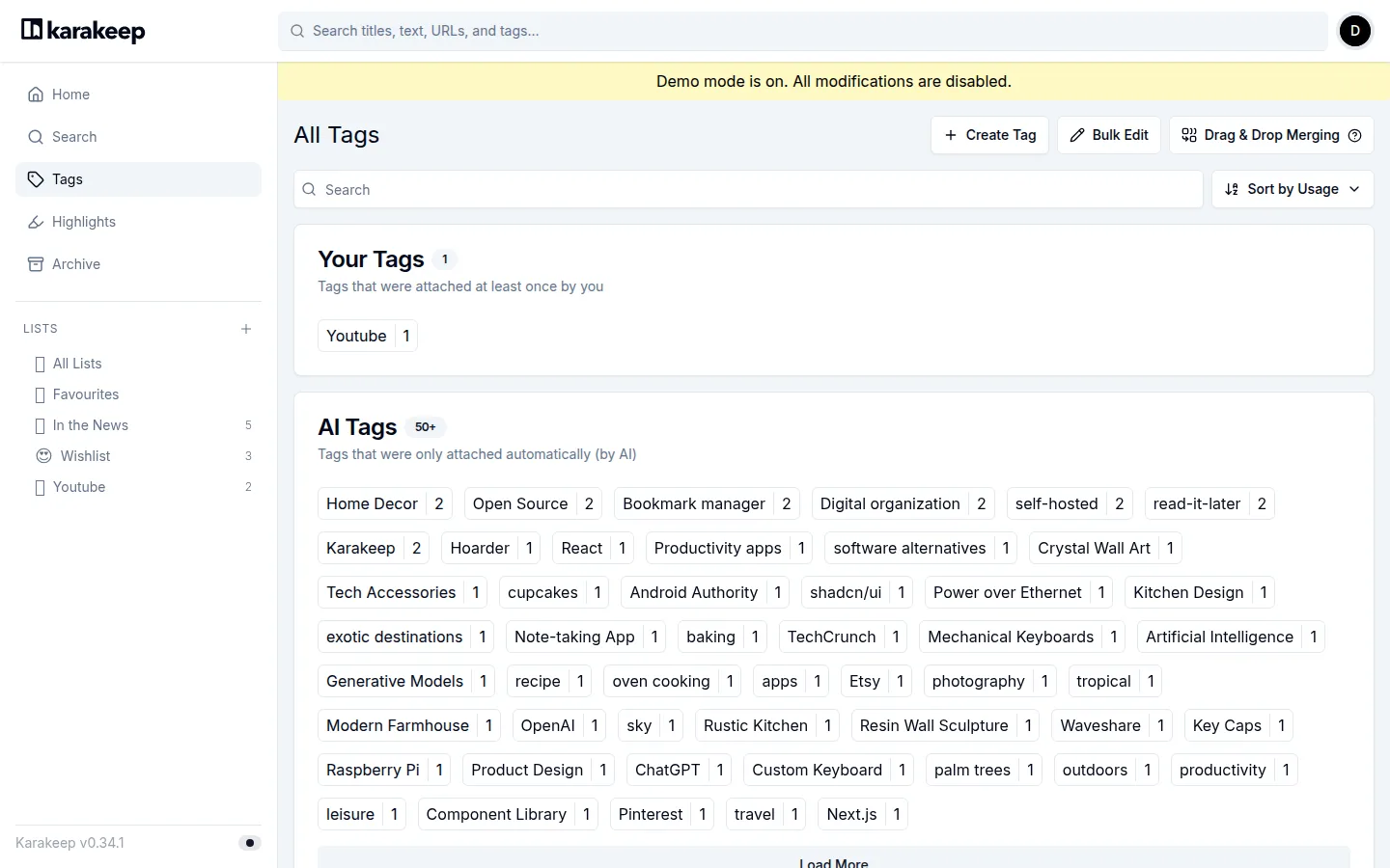 Tag organization in the official demo. AI tags require a model provider.