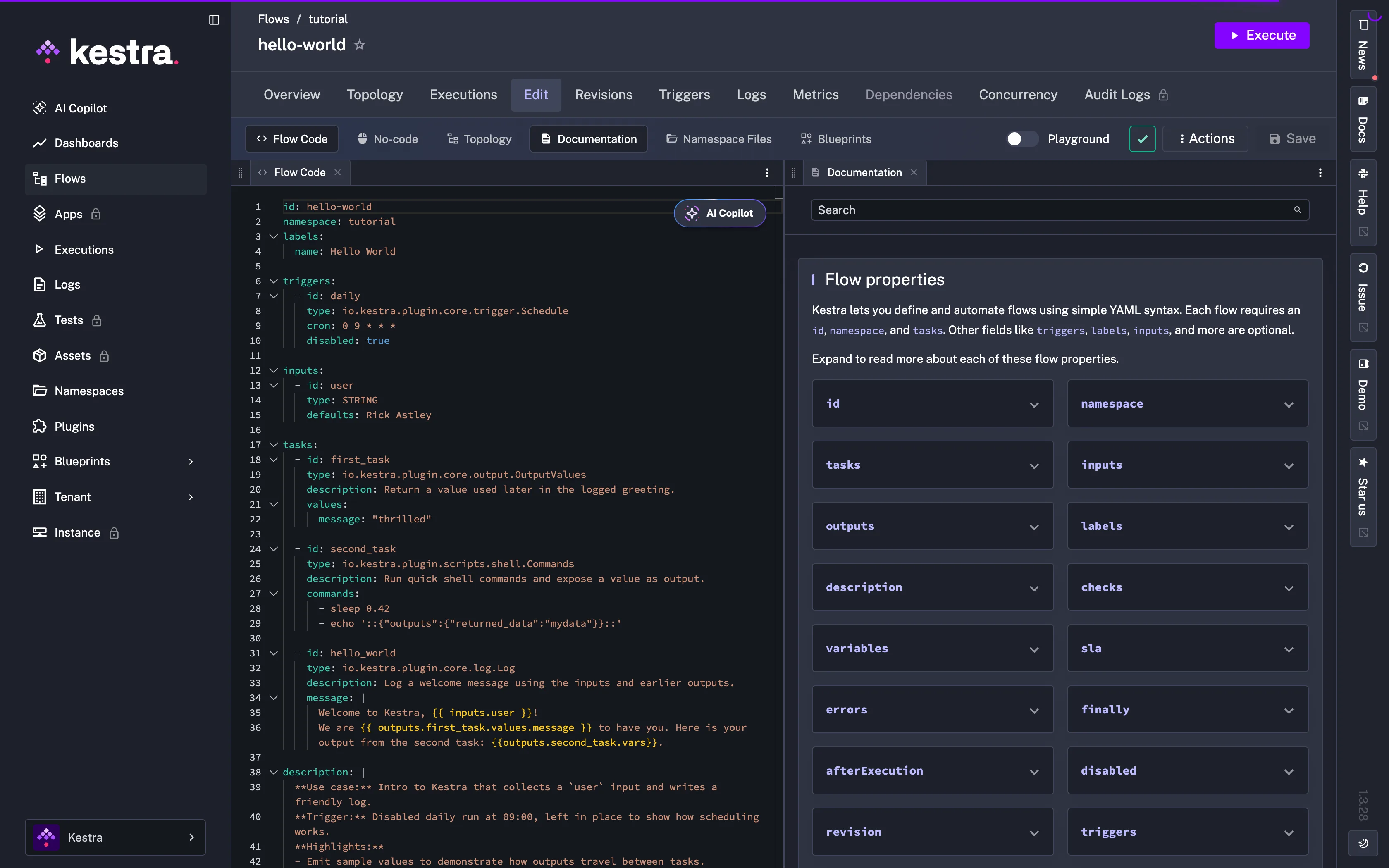 Declarative editor: define a scheduled pipeline in YAML with inline docs and validation