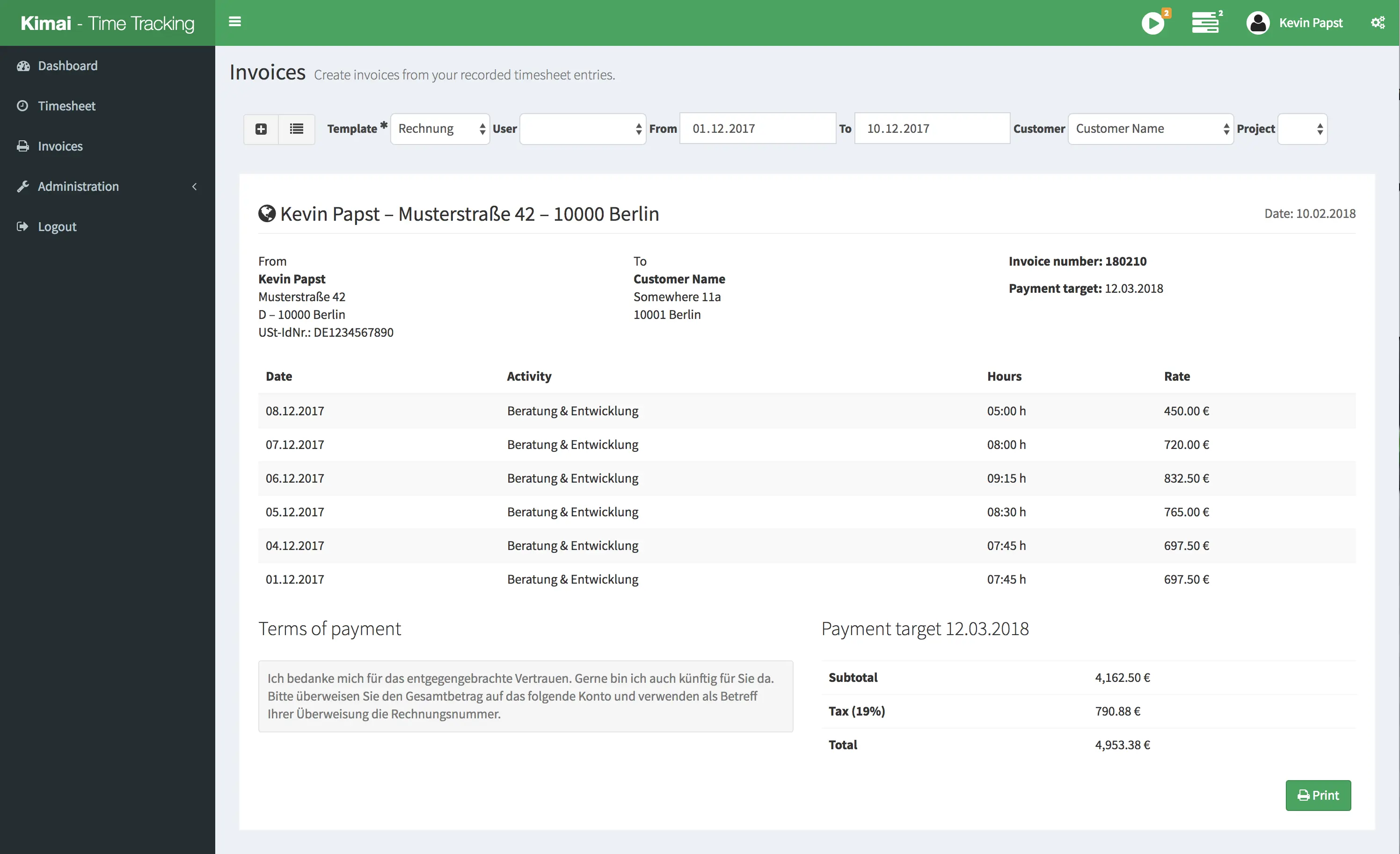 Generate invoices from tracked time with customizable templates