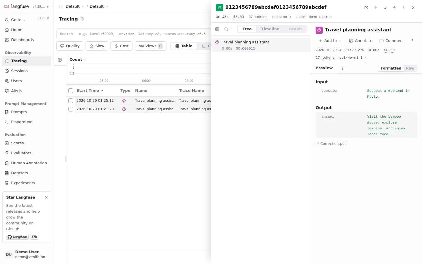 Inspect model requests and their trace details.