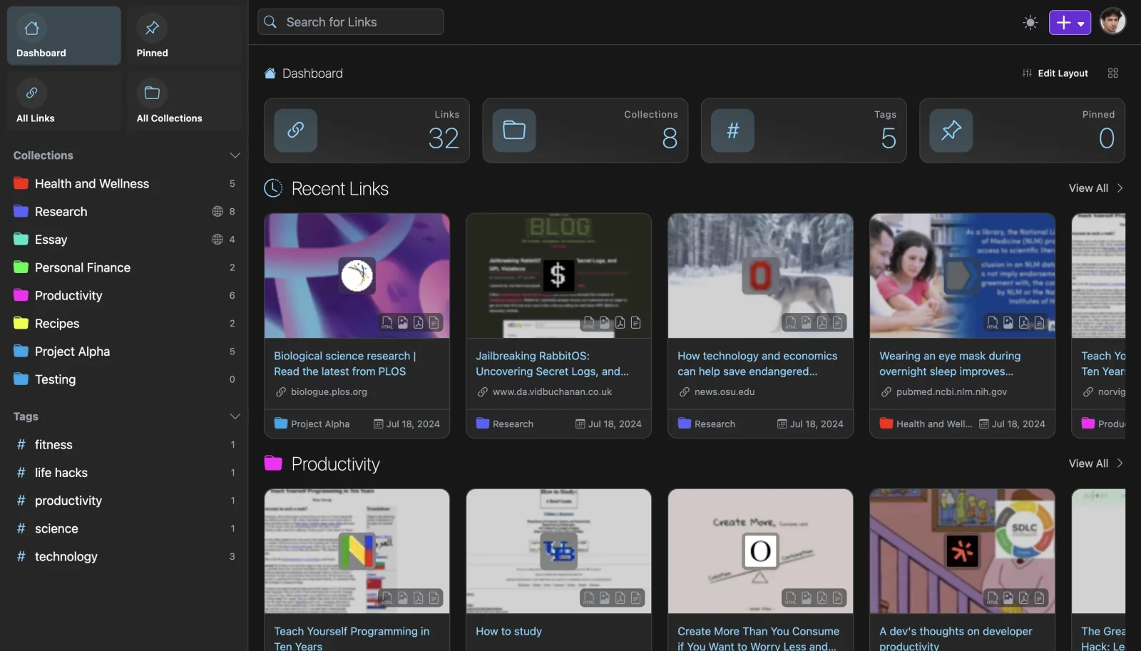 Dashboard: collections, tags and recent links — each saved with an archived snapshot, PDF and readable copy