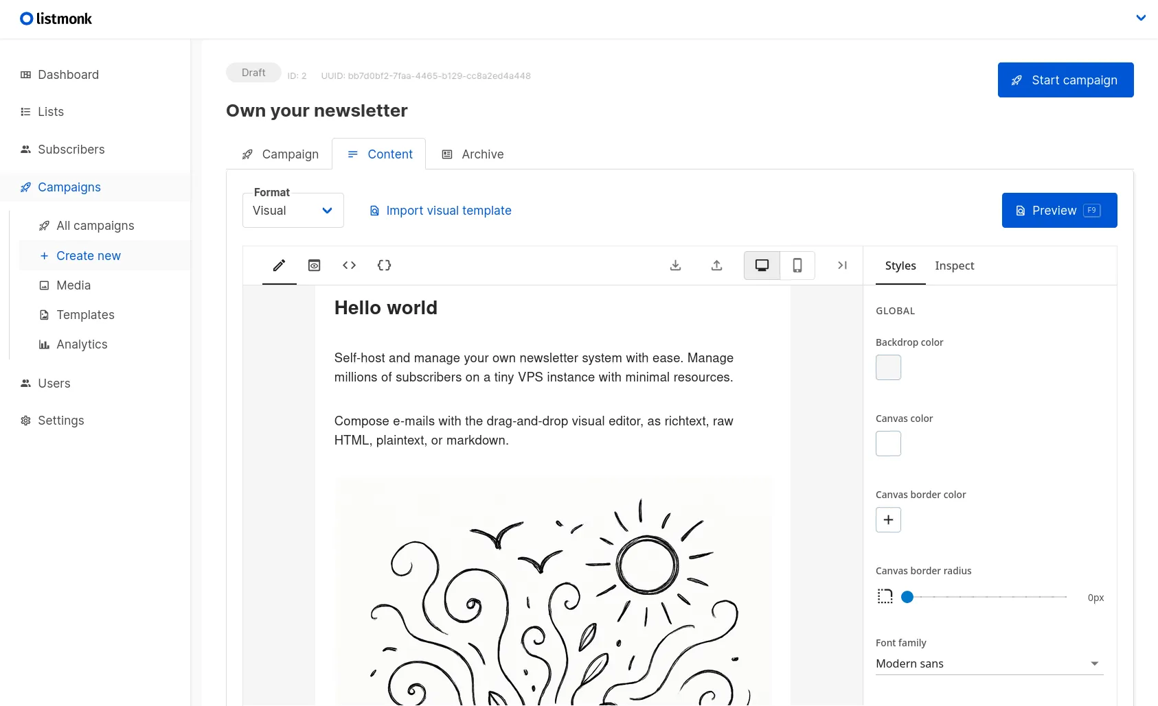 Compose campaigns with the drag-and-drop visual editor, or in rich text, HTML or Markdown