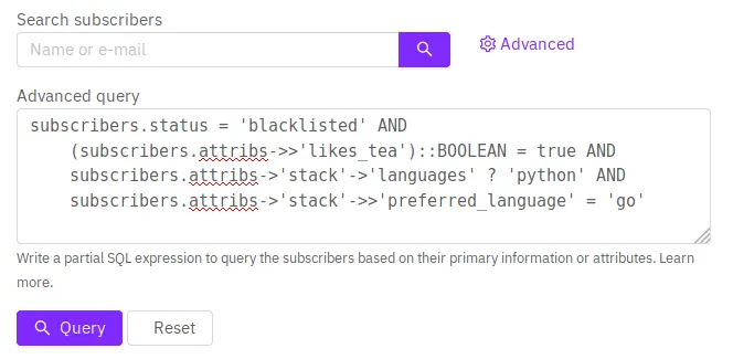 Segment subscribers with partial-SQL queries over their fields and attributes