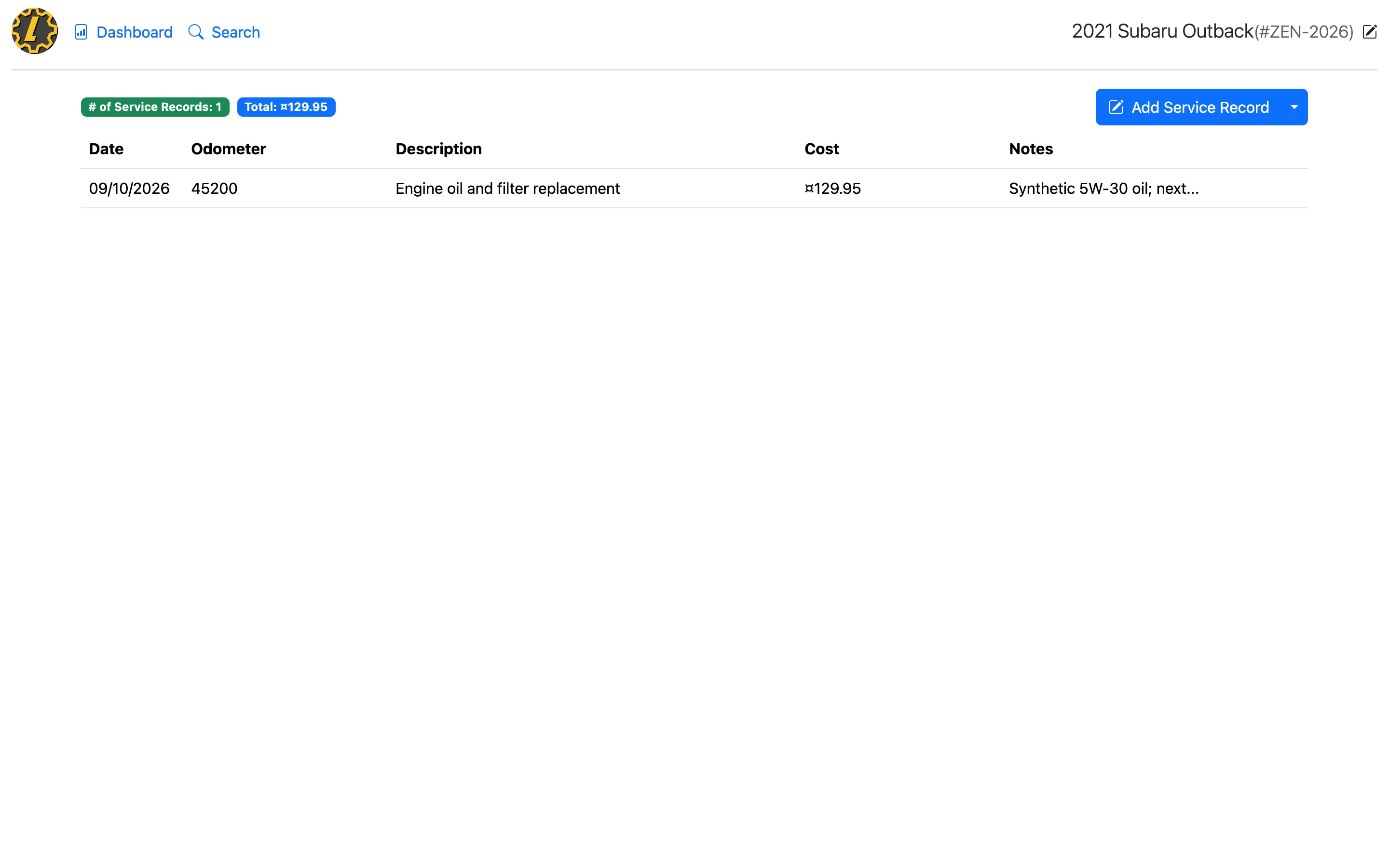 Vehicle service history with costs and an attached maintenance document