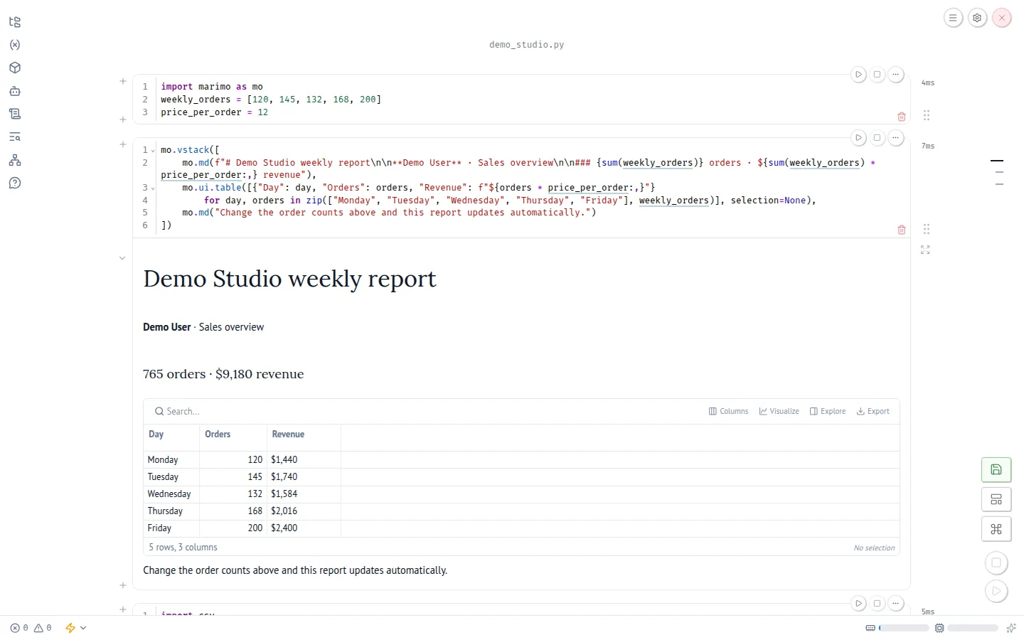 Explore a reactive Python notebook with live results.