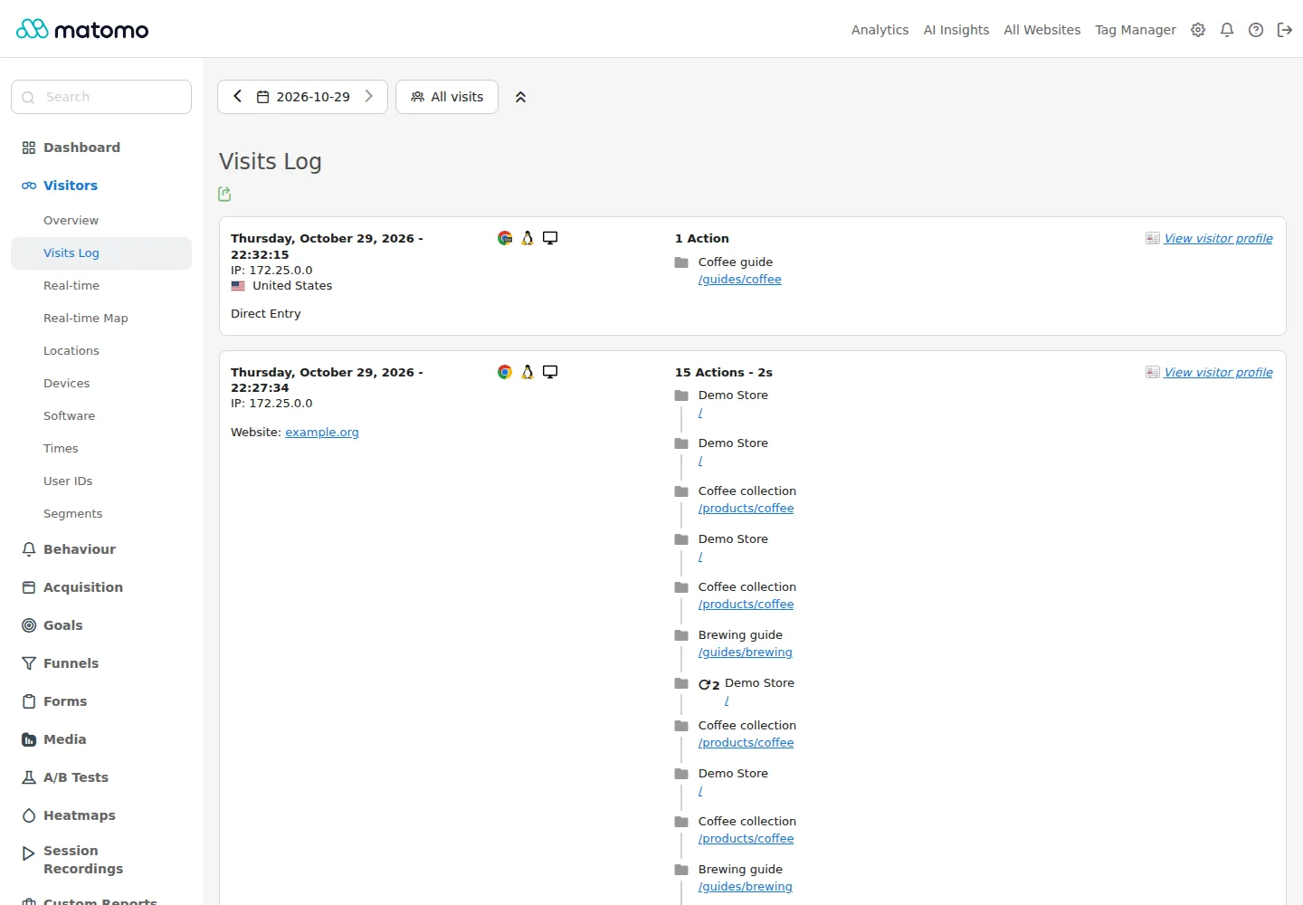 Review website visits and the pages visitors viewed.