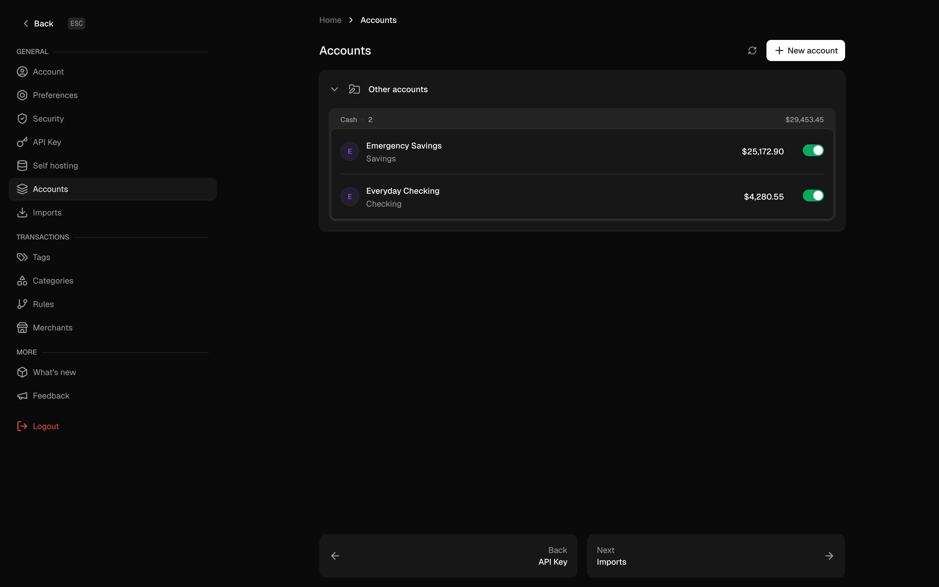 Connected accounts overview grouped by type