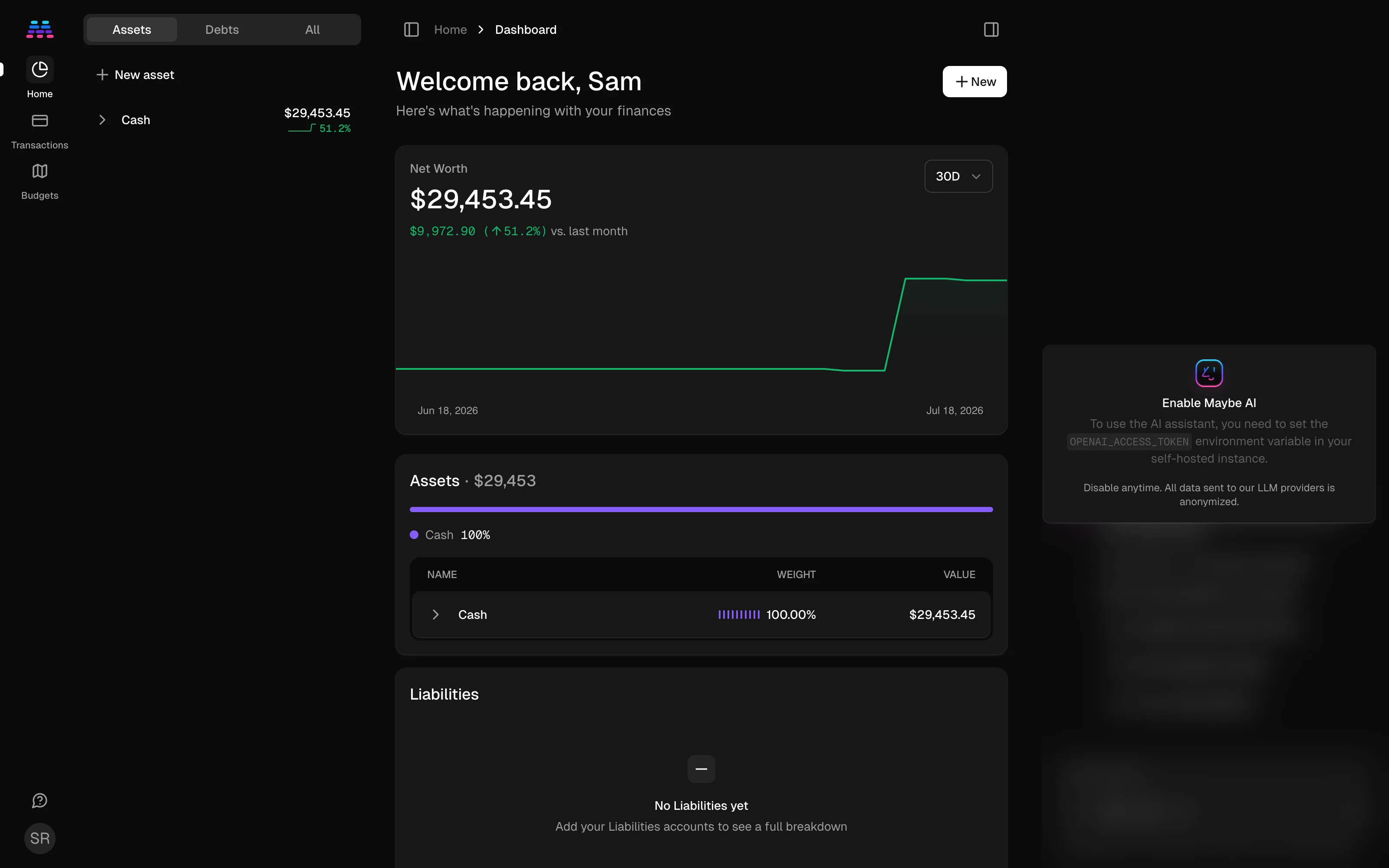 Net worth dashboard with account balances and trend over time