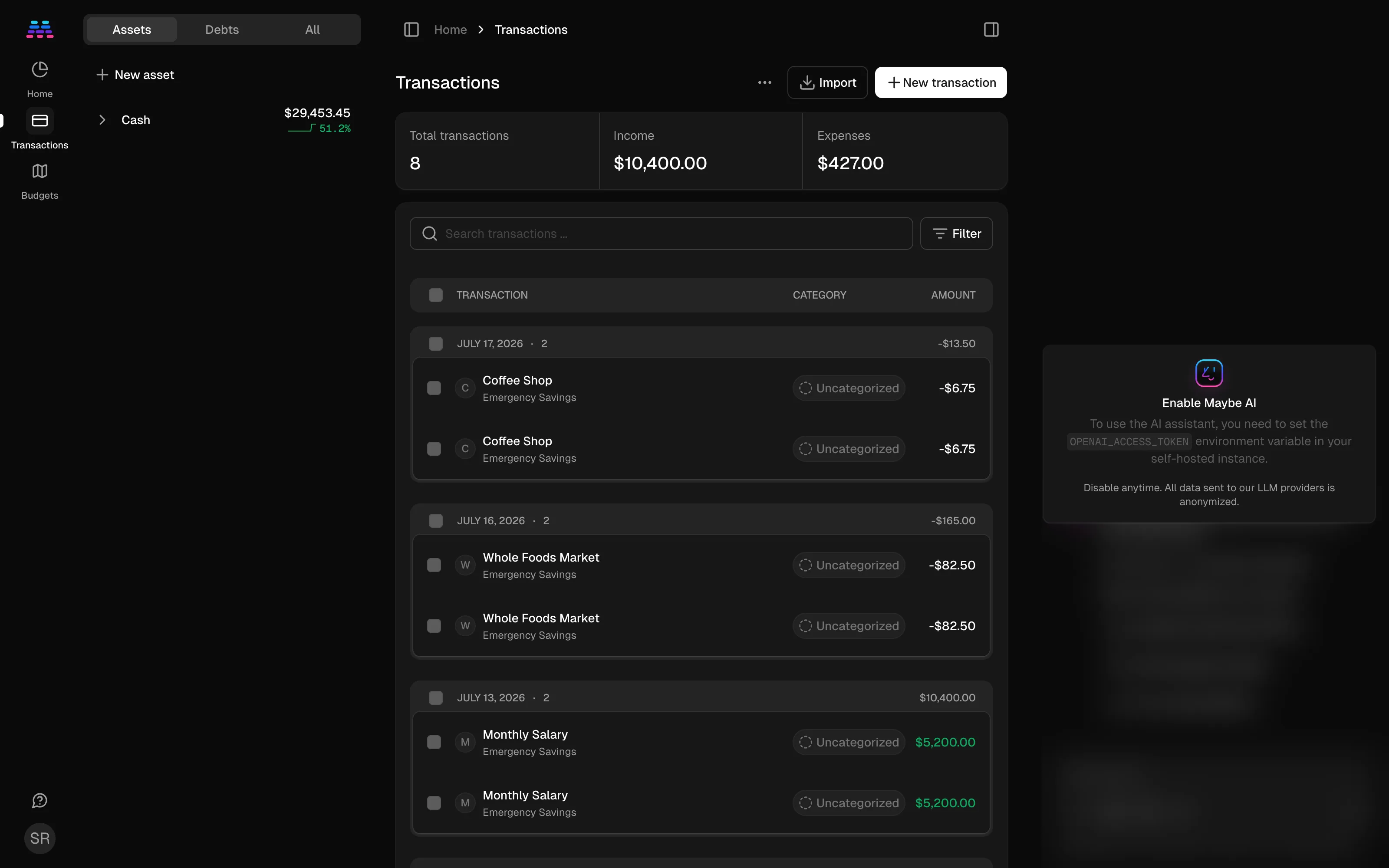 Transactions list with categories and running balance