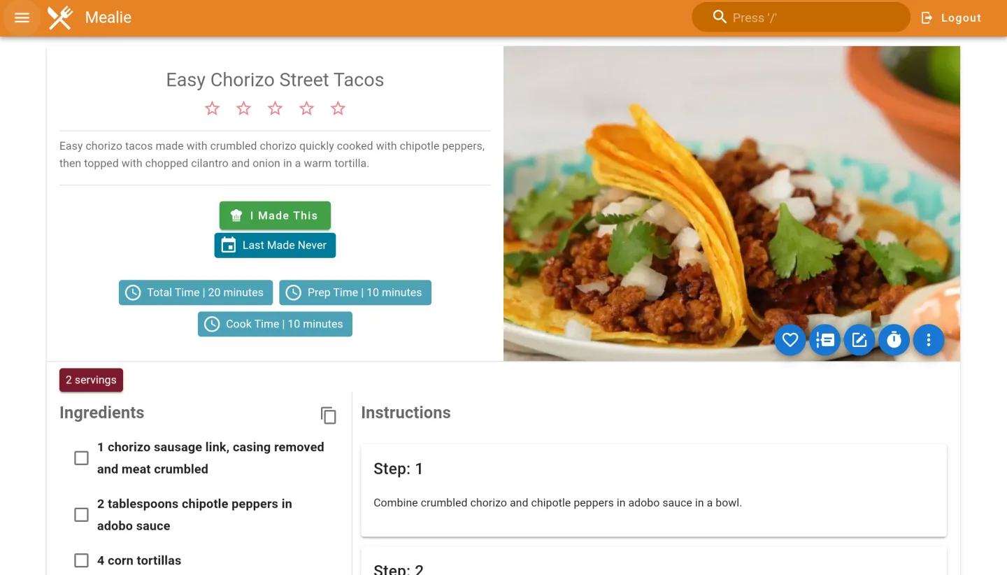 Recipe view with ingredients, steps, and cook mode