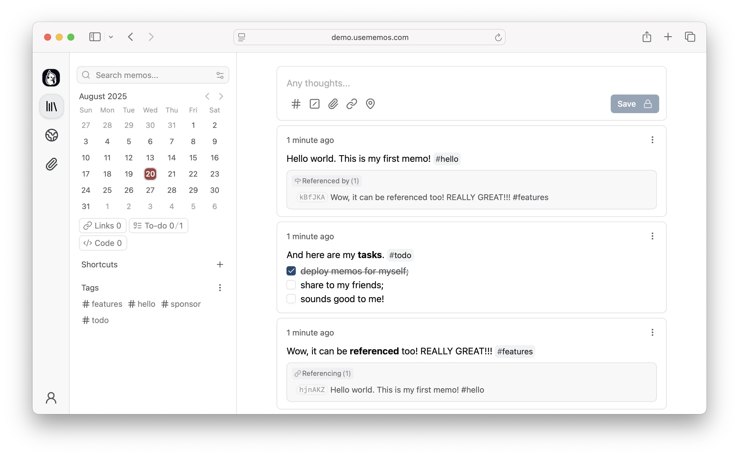 A chronological Markdown timeline for notes, links, and attachments
