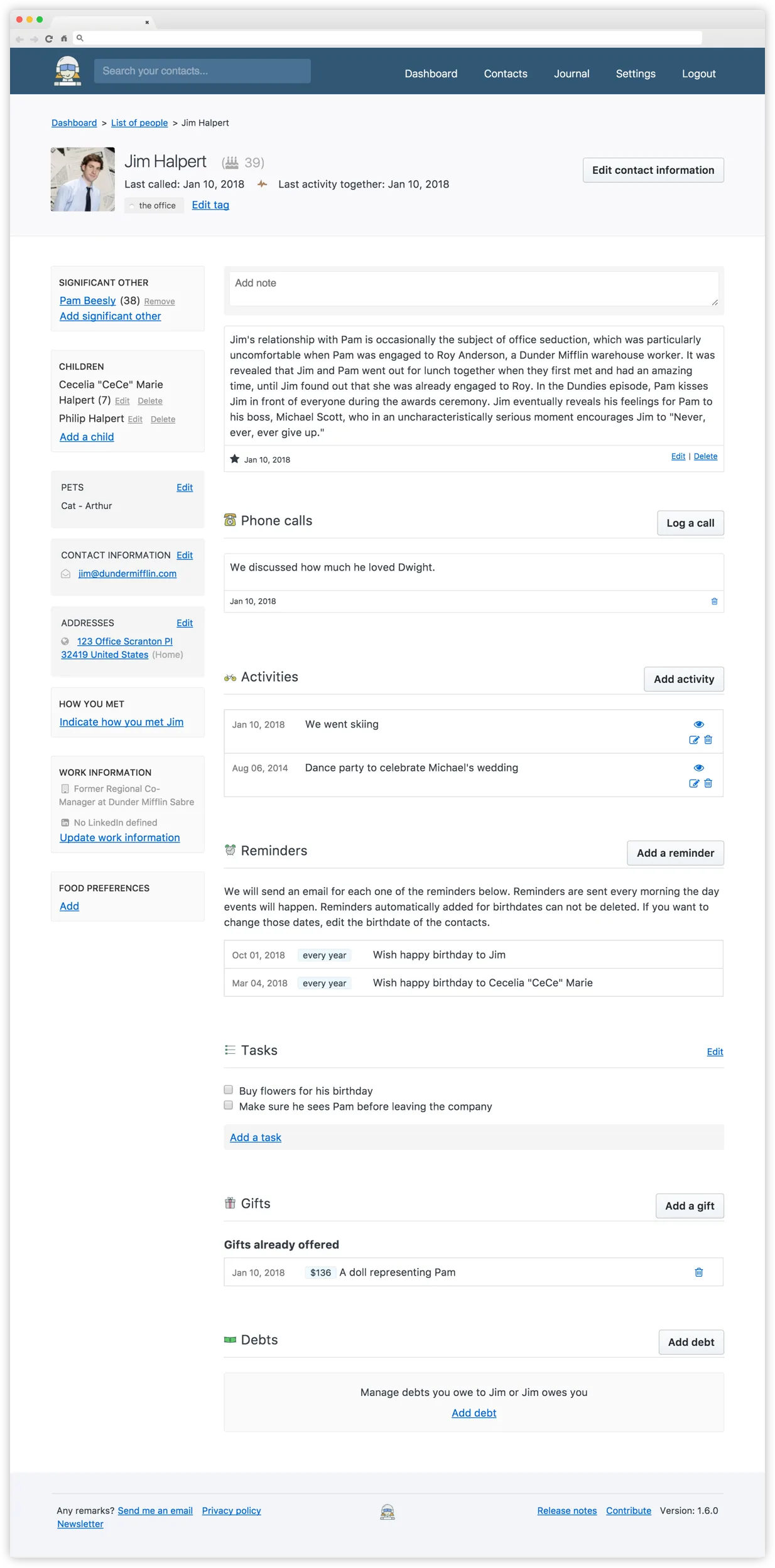 Contact profile with activity feed, reminders, relationships, and life events