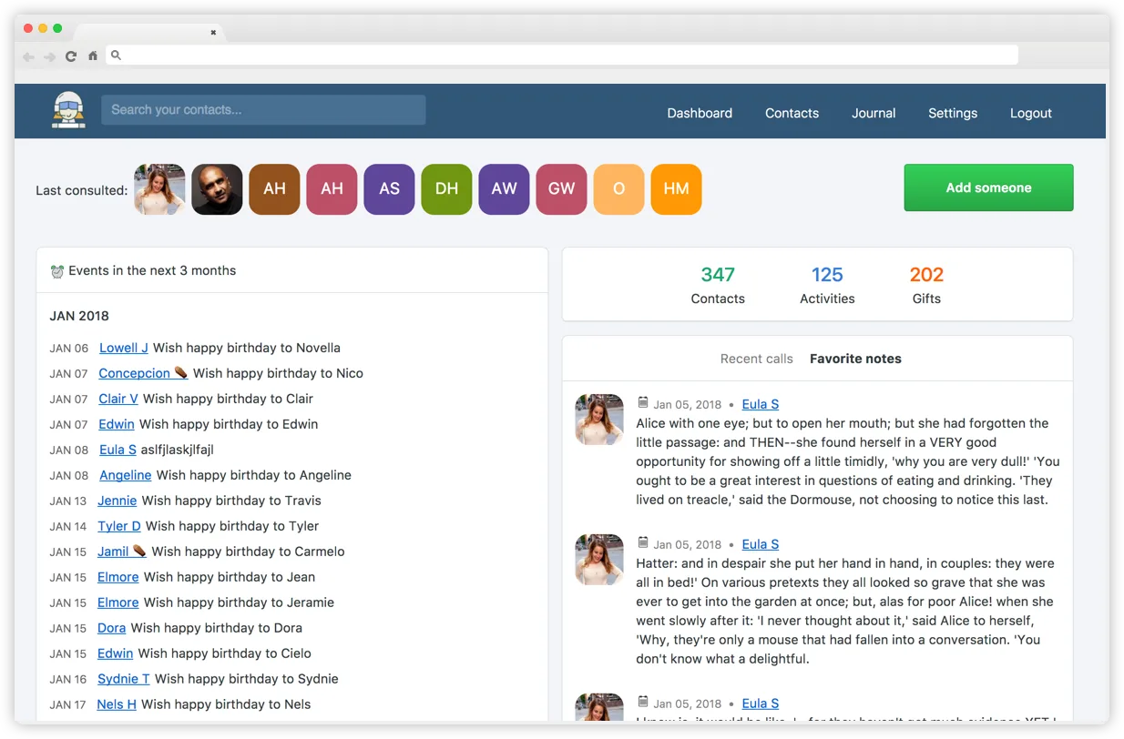 Main dashboard with upcoming reminders, recent activity, and contact stats