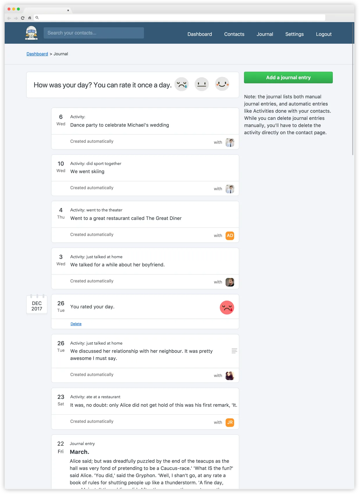 Journal view showing activity timeline and daily entries