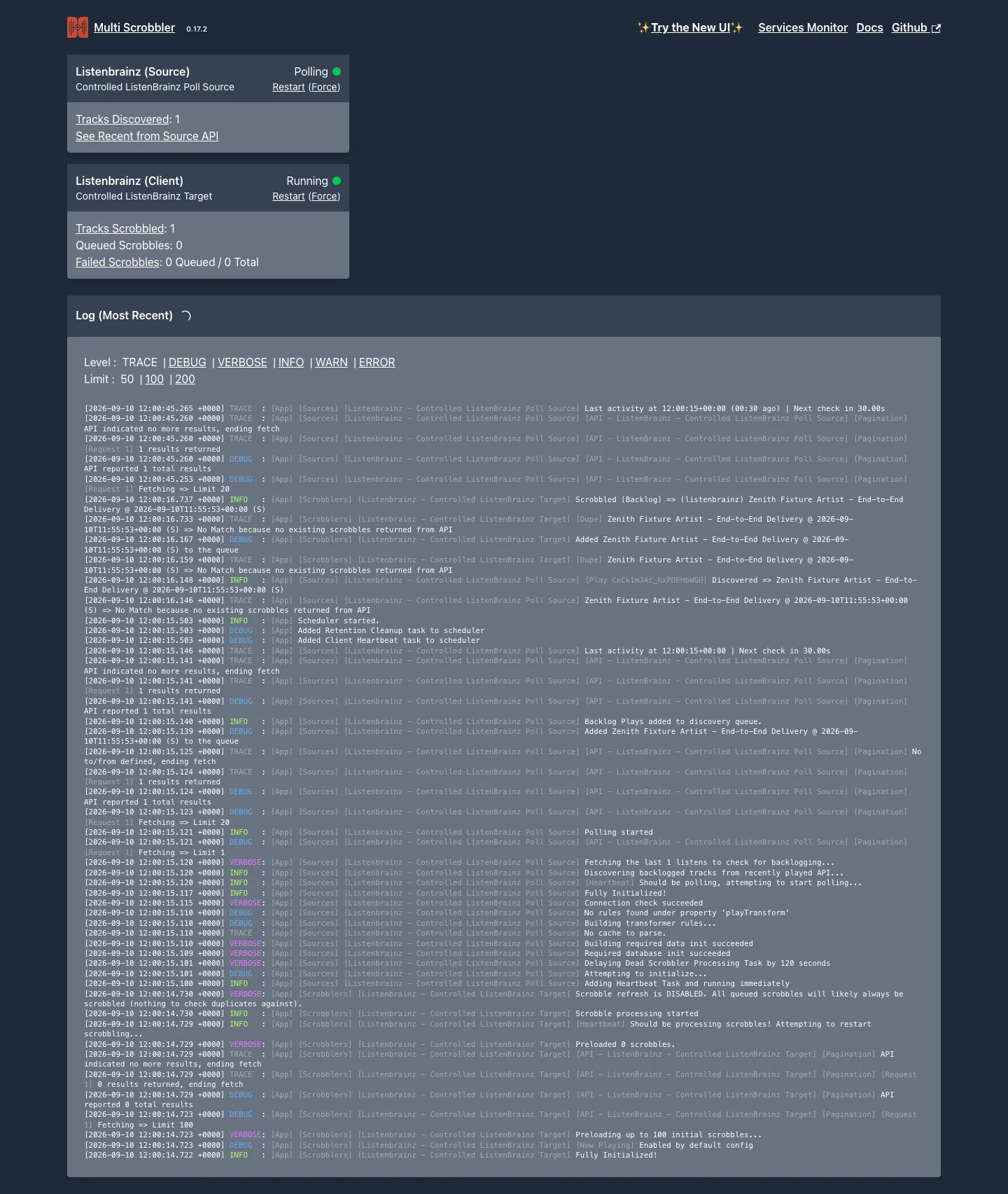 Dashboard showing connected sources, scrobble destinations, recent activity, and delivery status