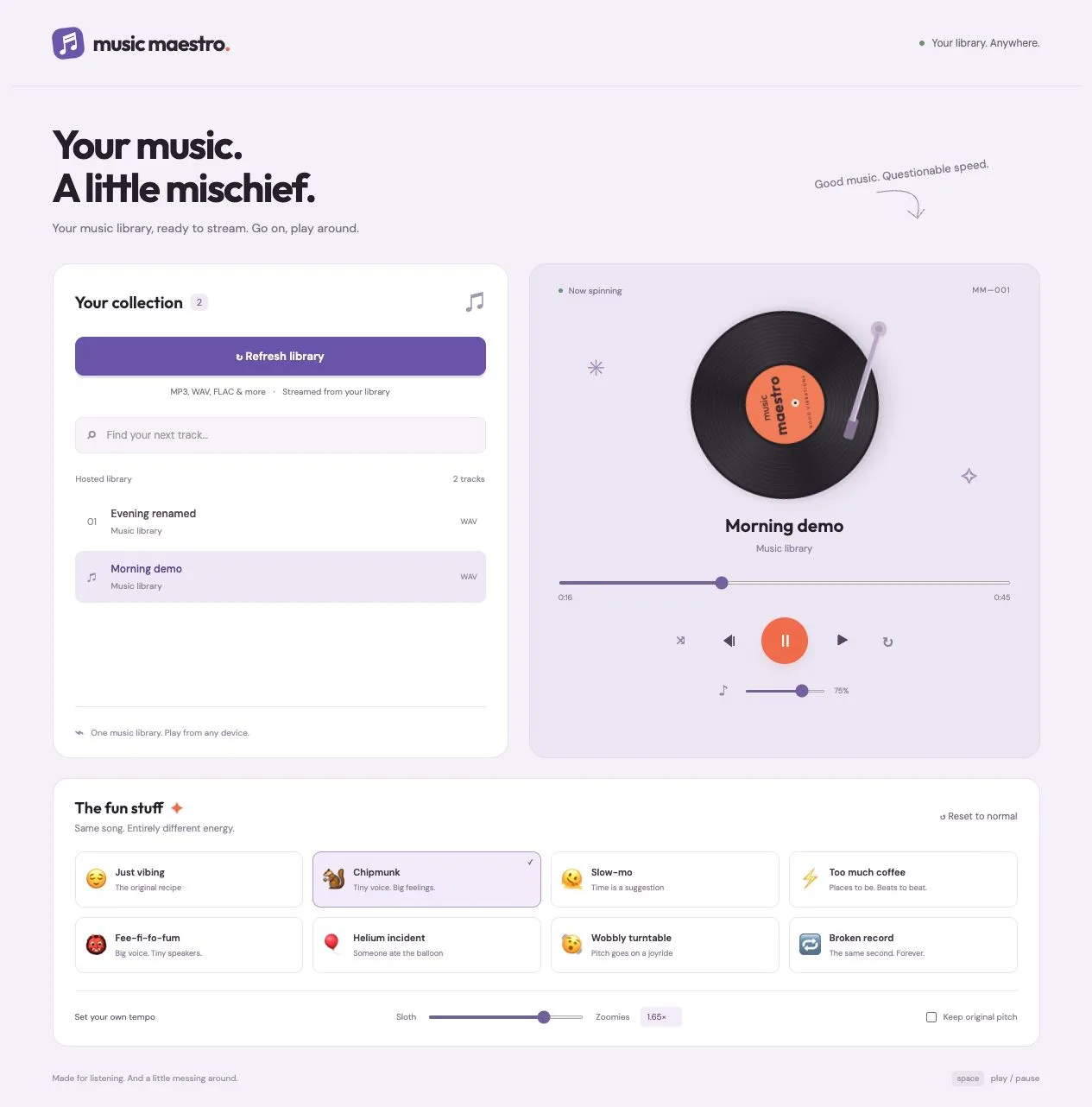 Browse a music library, stream a track, and experiment with playback effects.