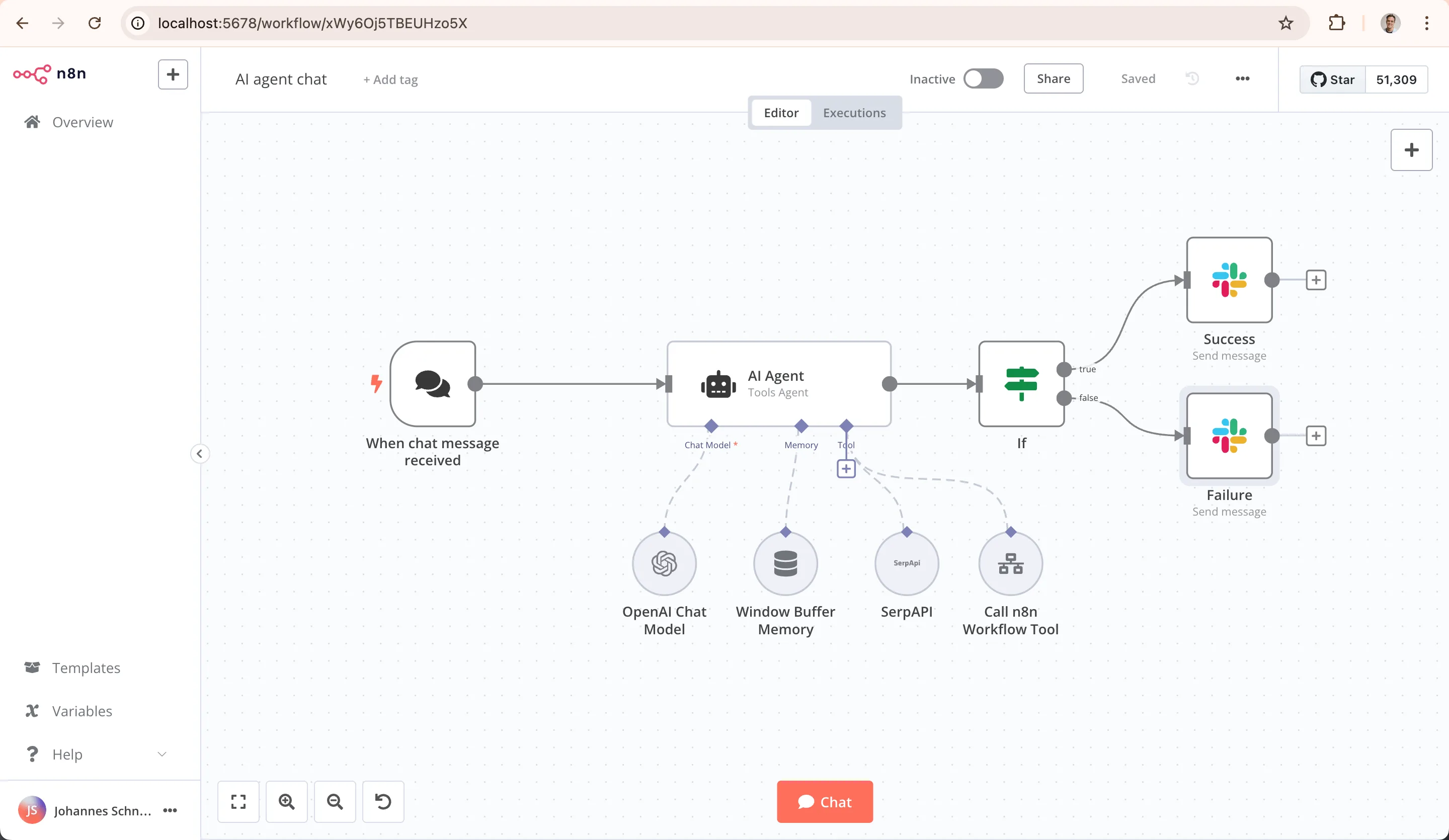 Visual workflow editor with drag-and-drop node connections