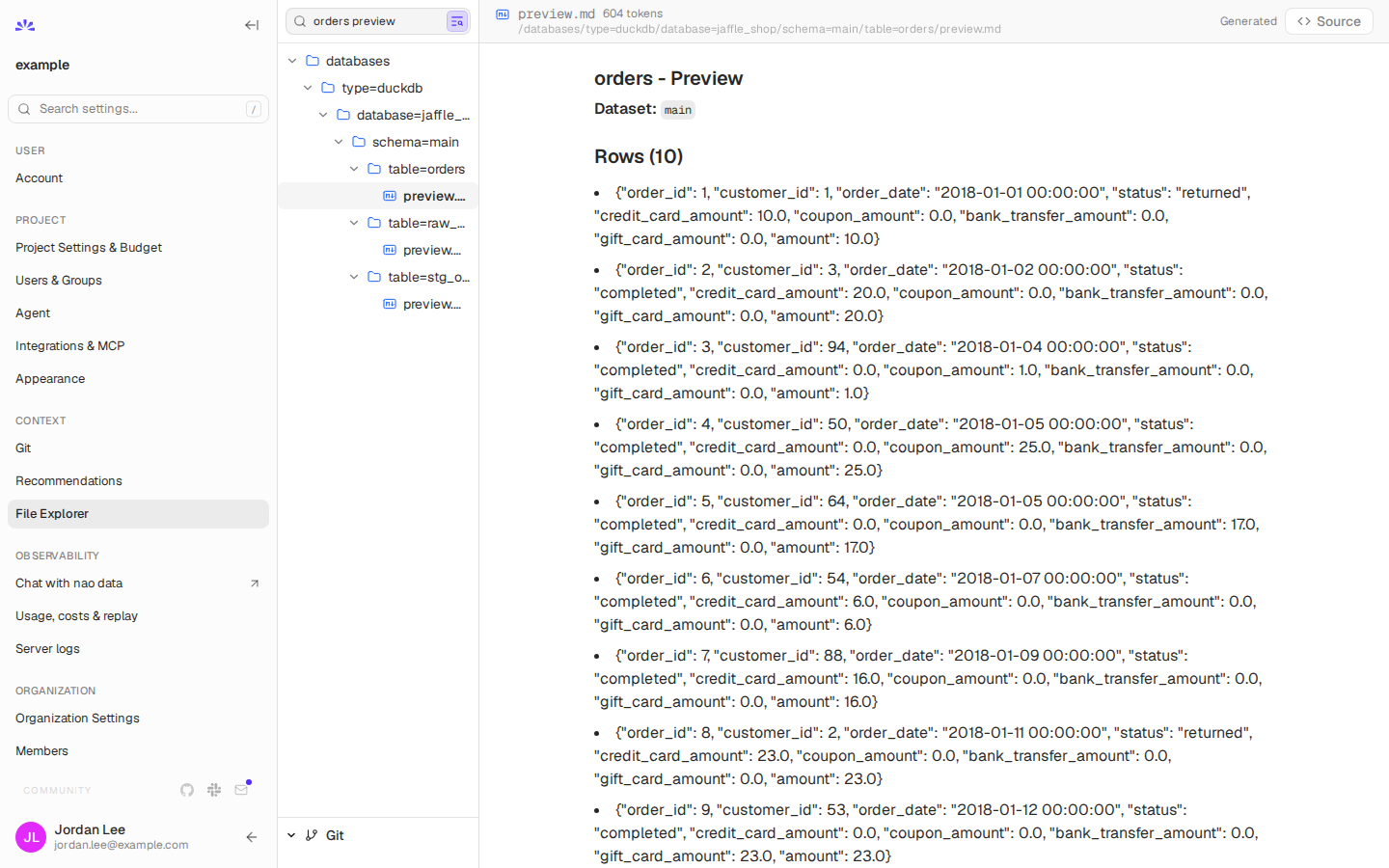 Preview sample rows from the bundled jaffle_shop orders table