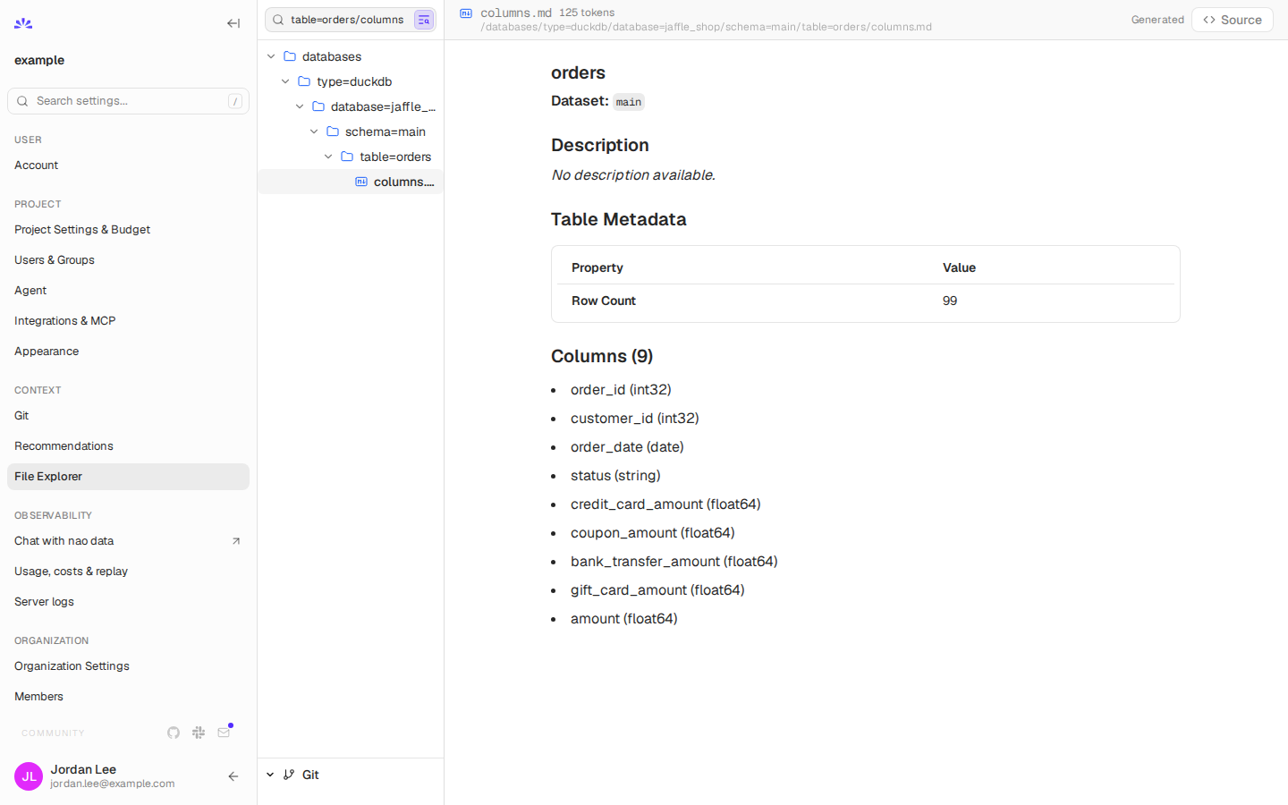 Browse DuckDB table schemas generated for the sample warehouse