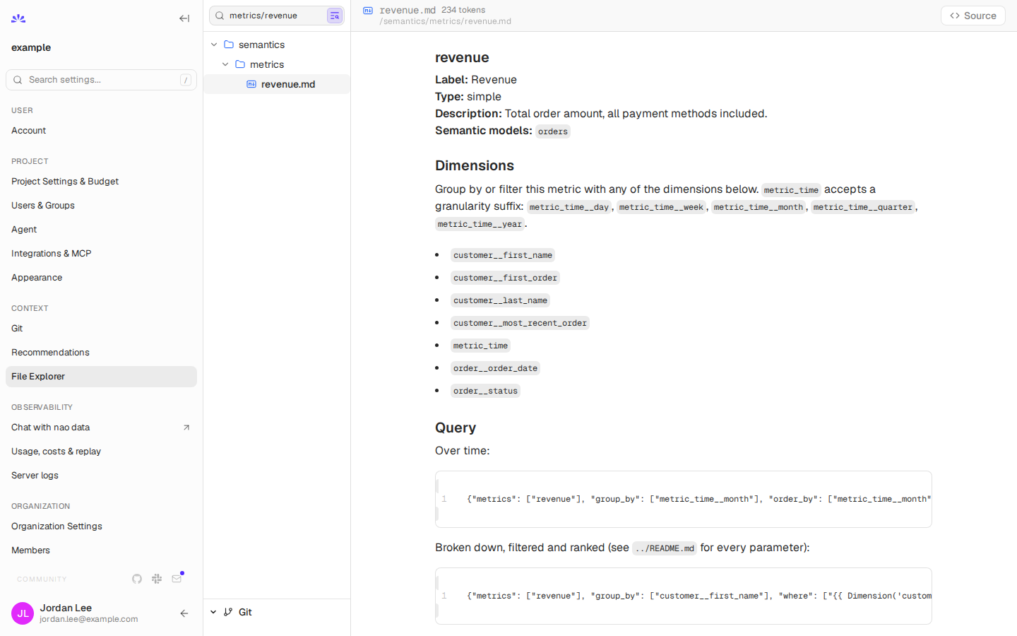 Inspect semantic metrics and example queries in the context file explorer