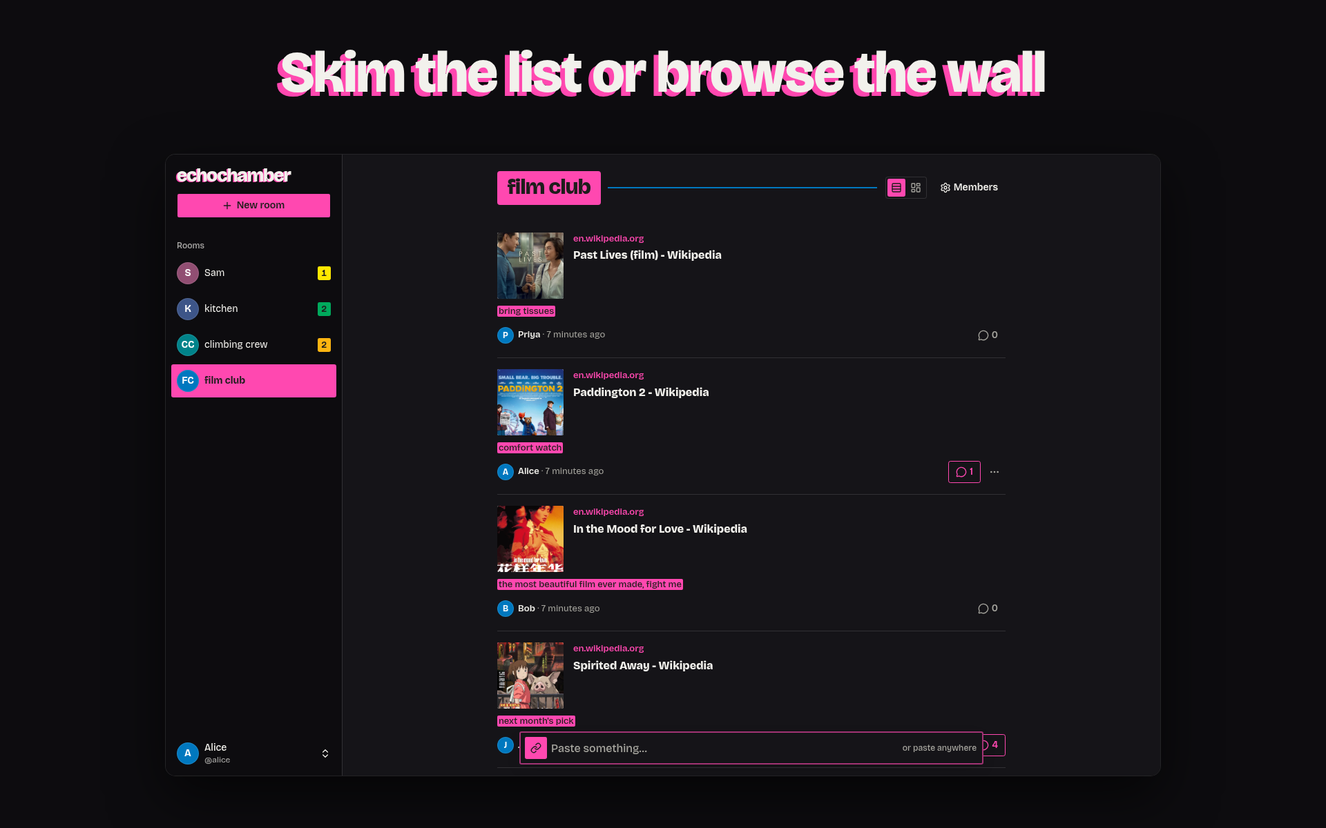echochamber: Skim the list or browse the wall