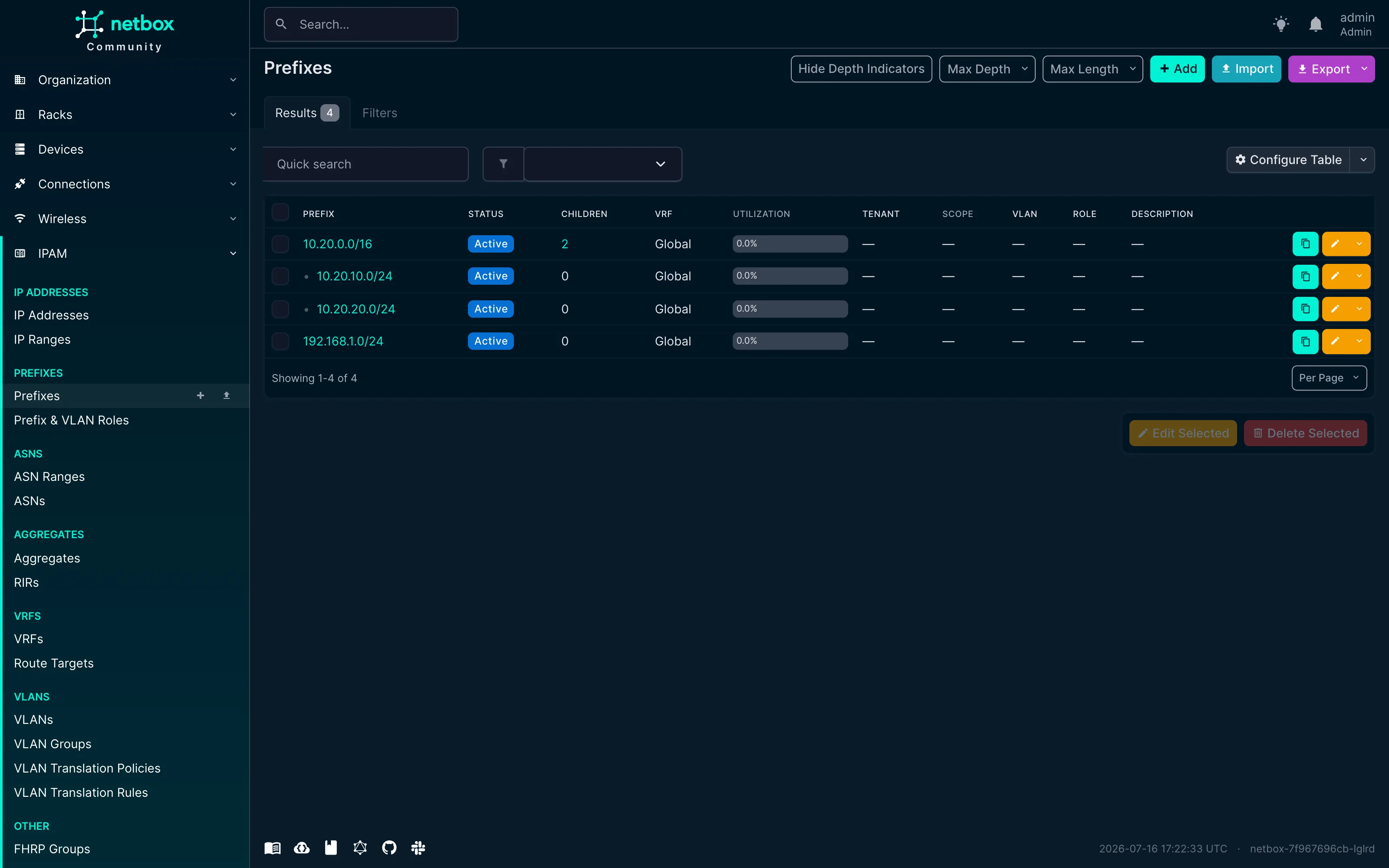 IPAM: IP prefixes and address space with live utilization
