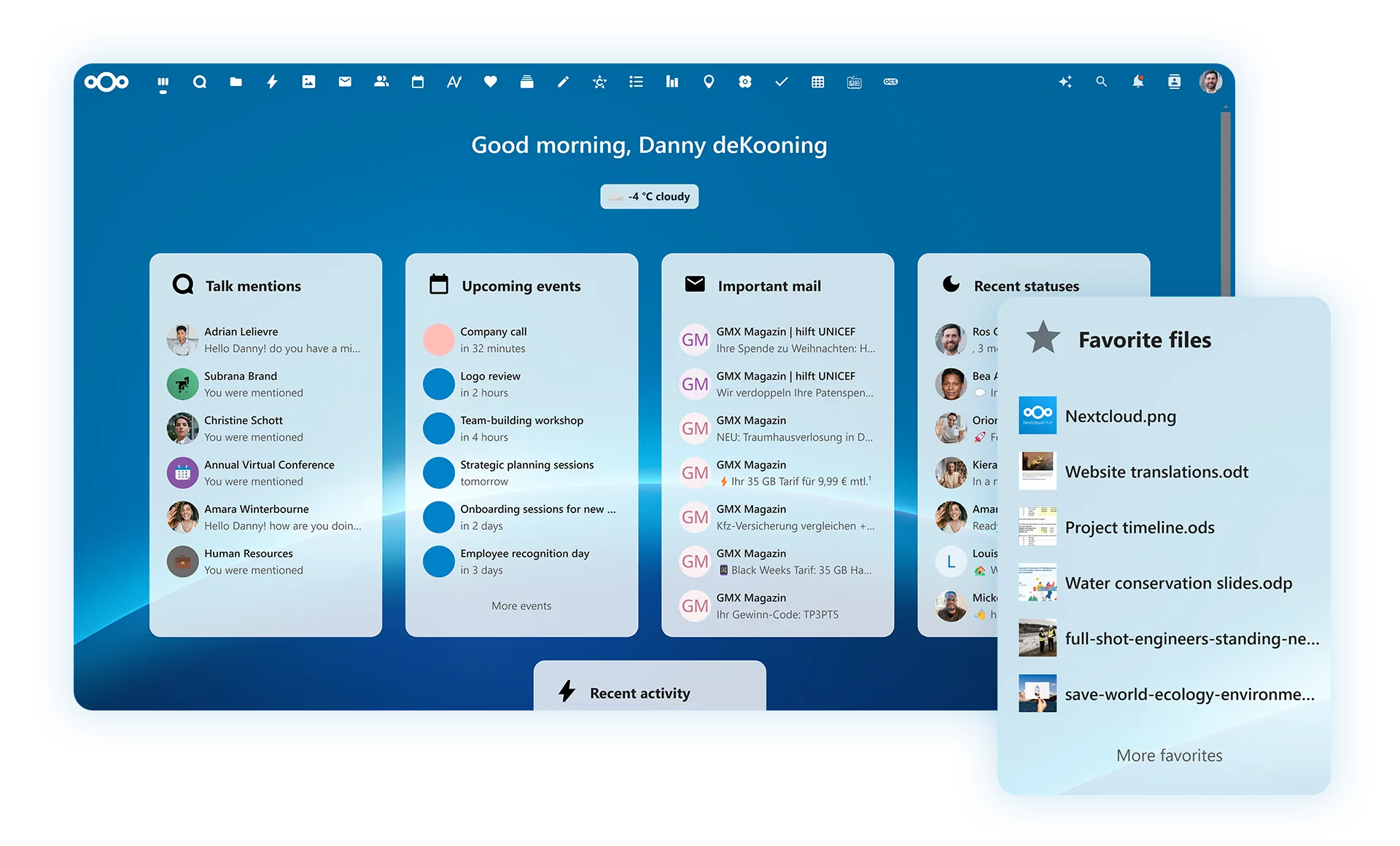 Dashboard: personalized widgets for files, calendar, and more