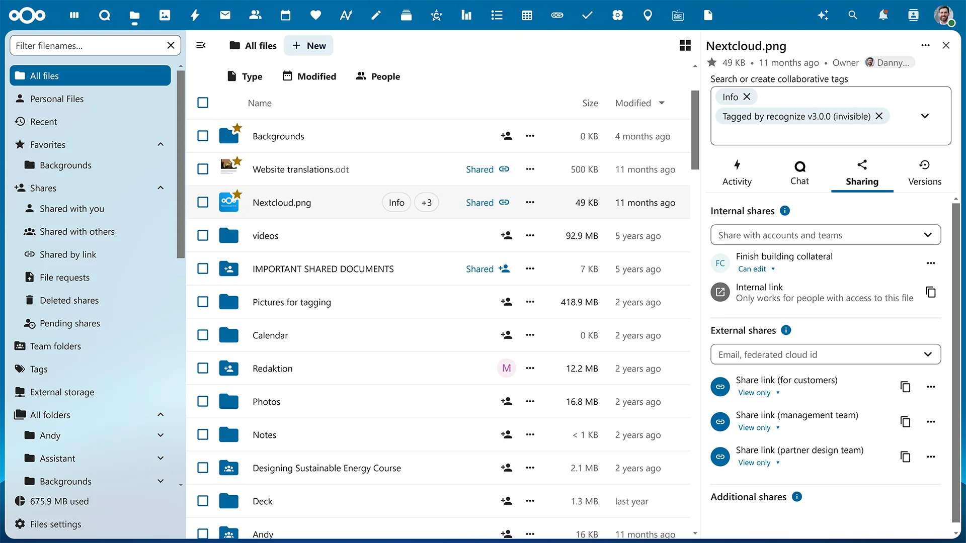 Sharing sidebar: granular permissions and link options